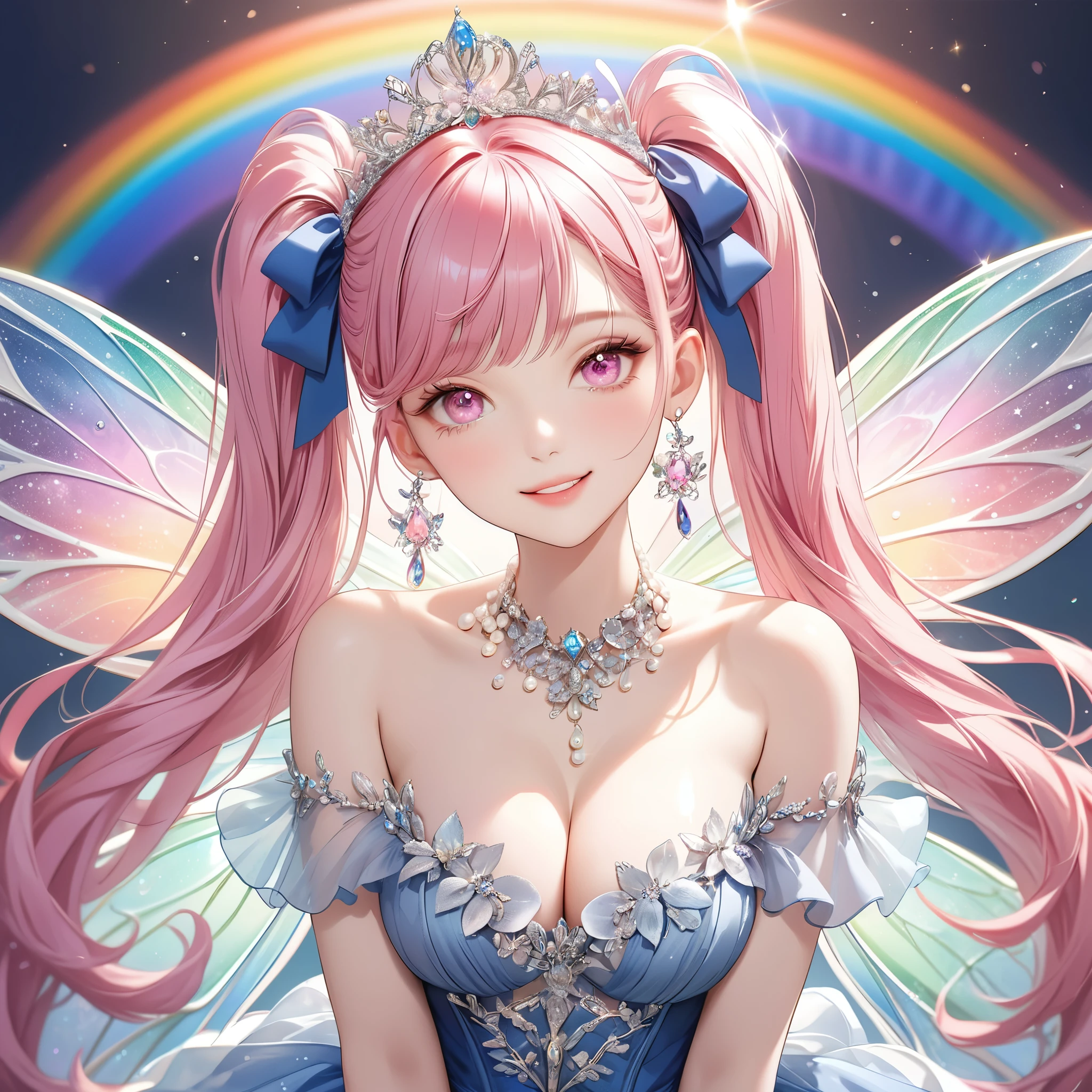 (8K, masutepiece, Highest Quality, Best Quality, Official art, Breathtaking beauty and aesthetics, A highly detailed, The best masterpiece in history that exceeds limits, Breathtaking and beautiful lighting:1.2), (1 Girl, Solo), (), (Beautiful detailed face), (shiny white skin), (Beautiful big bust, cleavage:1.3), (Beautiful detailed pink twintails hair, Bangs:1.3), (beautiful detailed drooping pink eyes:1.5), break,
(Beautiful Luxurious blue Princess Dresses, See-through intricate lace, black cute bow ribbon, a lot of see-through frill, sheer chiffon material, silver thread, Diamond, pearl, corset), (Beautiful Luxurious Diamonds Tiara), (happy Beautiful Gentle cute innocent smile:1.2), (Attractive, amazing, Beautiful, Elegant, Luxurious, magnifica, Eye-catching, the ultimate beauty, Supreme Beauty, Superlative beauty, Elegant, Beauty, Graceful, Everyone loves it, Beauty that fascinates everyone, Healed, The highest level of complete beauty, cute like an idol, Stylish like a fashion model, Goddess-like grace, Be loved, adolable, Look at the camera, cute pose, Happy,) breathtaking scenery, (ultra detailed realistic Breathtakingly beautiful Luxurious Kaleidoscope:1.2), (Sparkling pearl effect:1.5), (Beautiful fantastic rainbow fairy wings:1.3)