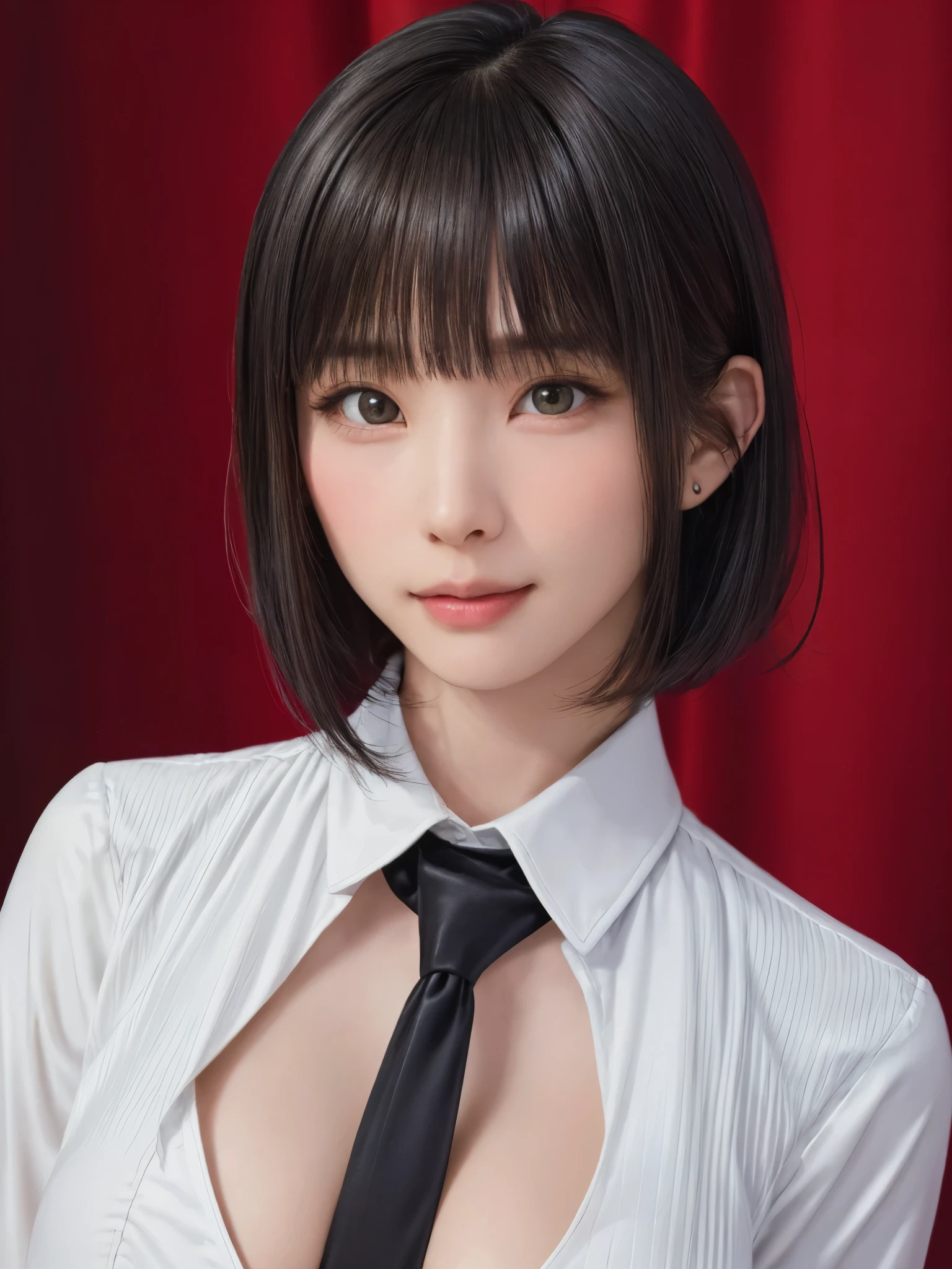 (masterpiece:1.3), (Realistic, RAW Photos, highest quality: 1.4), (One Girl), Beautiful Face, (超Realistic Face、シンメトリーのBeautiful Face), (Short black hair, short hair:1.6、bangs:1.3、Show off your beautiful ears), Beautiful hairstyle, (Realistic eyes), Beautiful details, Long eyelashes, (Realistic Skin), Beautiful Skin, {gigantic|big|huge|mega} breasts, cleavage, (Perfect body:1.3), (Detailed body:1.2), (tie), (Collared shirt, Pleated skirt:1.3), Absurd, charm, Ultra-high resolution, Ultra-realistic, Very detailed, Golden Ratio,Very cute beautiful woman、28 years old