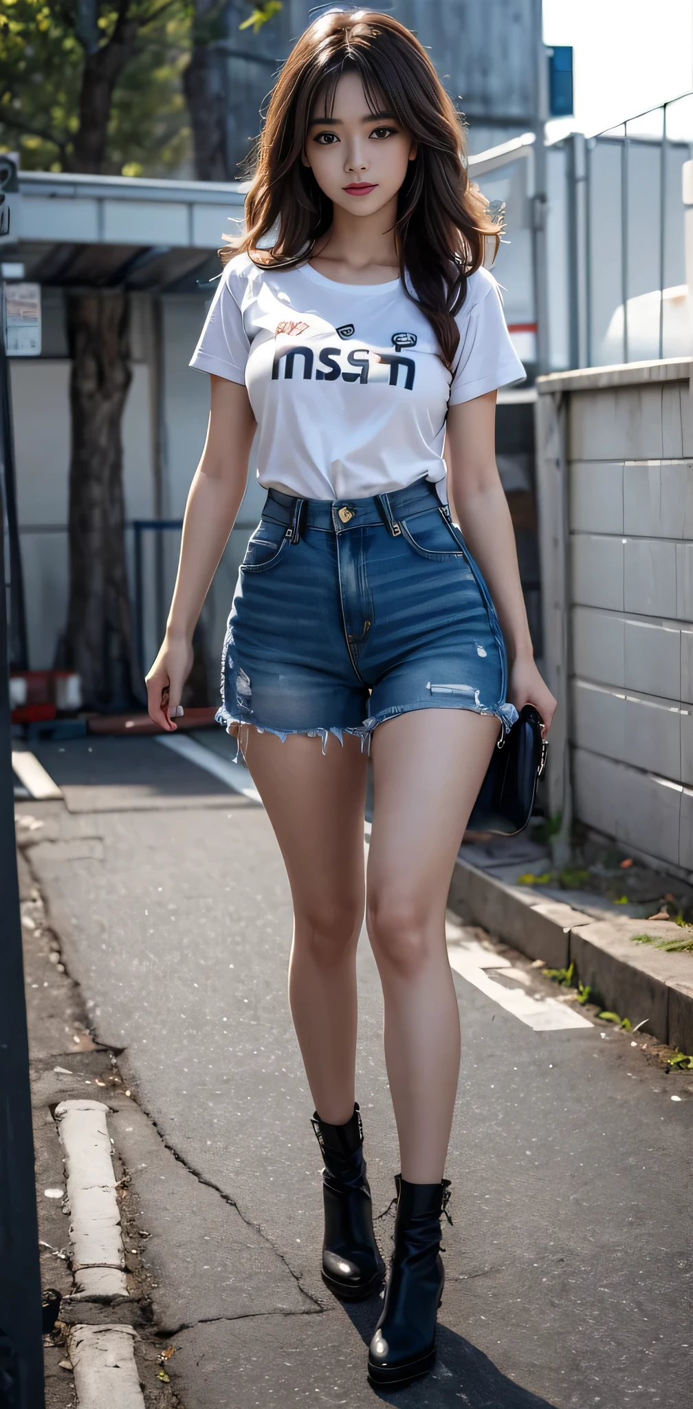 RAW photo, bokeh, (Lifelike face), smiled slightly, best quality, HDR, (photorealistic:1.55), brown and curly and messy hair, very detailed face, beautiful eyes, [chubby], adorable, full body portrait, Close-up, sharp outline, romantic, cold beauty, stylish, fashion, stylish costume, uniform, culottes, t-shirt, delicate face, brown hair fluttering in the wind, 24-year-old girl, slim figure, small bust, charisma, glamorous, standing tall.