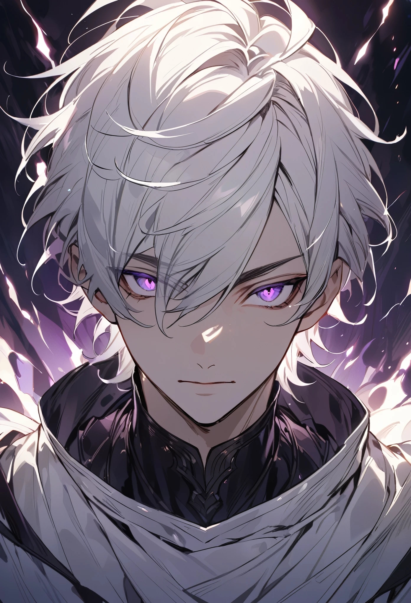 handsome, solo, 1 male, short hair, white hair, sharp eyes, purple eyes, white clothes, lighting, fantasy, no smile facial