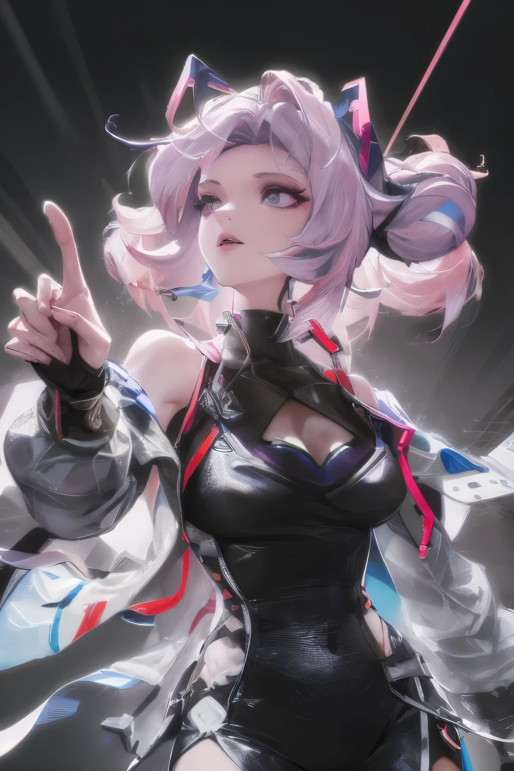 Cyberpunk, Pink Hair, Futurism, Surreal, Ultra wide angle, Wide-angle lens, look up, Dynamic Movement, expressive, Energetic, Sacred Edge of Cinema, Laser holographic pictures