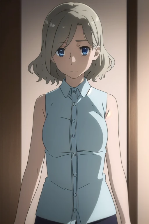 irenehonma, irene honma, short hair, blue eyes, grey hair,
BREAK shirt, bare shoulders, sleeveless, sleeveless shirt,
BREAK indoors,
BREAK looking at viewer, (cowboy shot:1.5),
BREAK (masterpiece:1.2), best quality, high resolution, unity 8k wallpaper, (illustration:0.8), (beautiful detailed eyes:1.6), extremely detailed face, perfect lighting, extremely detailed CG, (perfect hands, perfect anatomy), bigbust:1.4