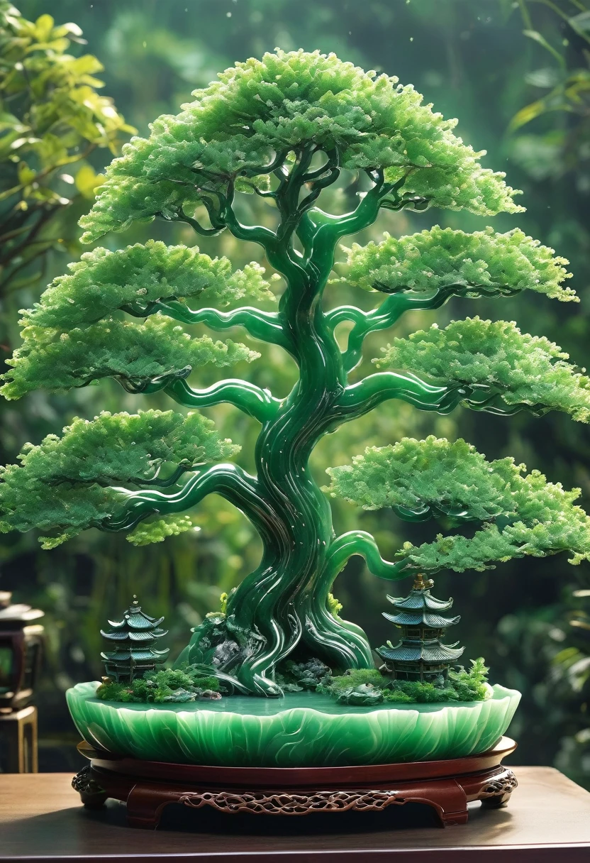 best quality, very good, 16K, ridiculous, Extremely detailed, Gorgeous big tree,Made of translucent jadeite, Background grassland((A masterpiece full of fantasy elements))), ((best quality)), ((Intricate details))(8k)