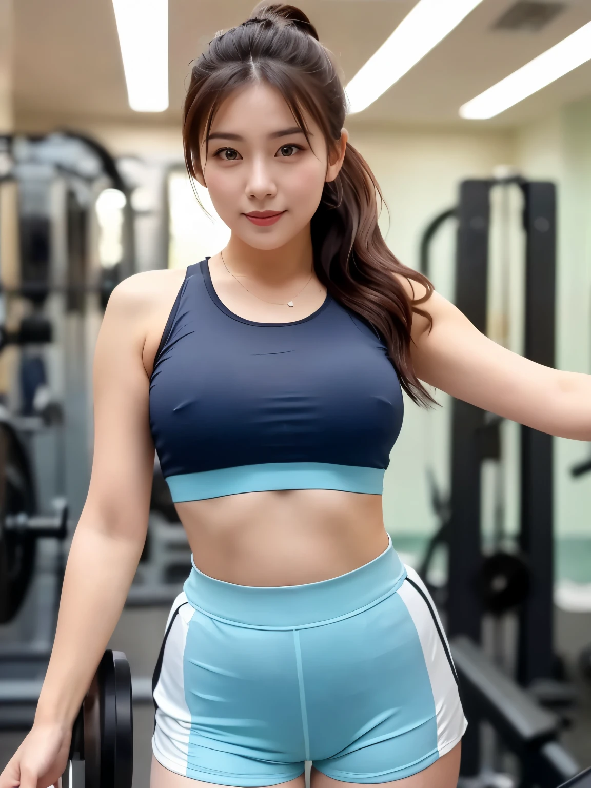 (((masterpiece))), (((highest quality: 1.4))), ((Super Detail: 1.4)) ,ulzzang-6500-v1.1, (Raw photo:1.2), (Photorealistic), (See-through:1.3), (Genuine:1.4), Japanese woman taking a photo wearing a white top and blue shorts, Tight fitting shorts, sporty, sporty physique, Cute Sportswear, Sports bra and shirt, ponytail、8K Selfie, At the gym