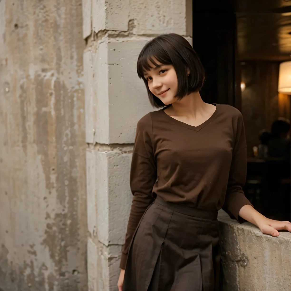 16 years old short skinny girl, tucked shirt, brown long skirt, long sleeves, black bangs hair, at the mountain lounge, leaning against a wall, little cute smile