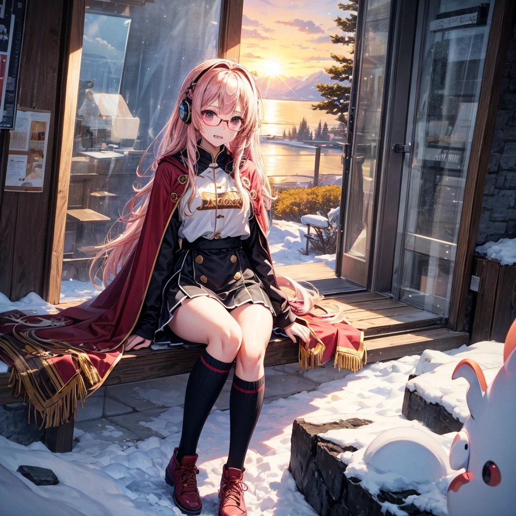 Pink gold golden hair、Red eyes、One good looking girl、solo、anime、Checkered mini skirt、The skirt has buttons、Red T-shirt、Long sleeve、China、Cape、Black knee-high socks、Wearing headphones、Wearing a ribbon、Ribbon on waist、Tilting face、Teeth are visible、Sunset sky、The rocks are exploding、Snow is piled up、Rocky Mountain、The clouds are breaking through、Contrail、Glasses、Behind him is a giant world tree、Sitting、Automatic door