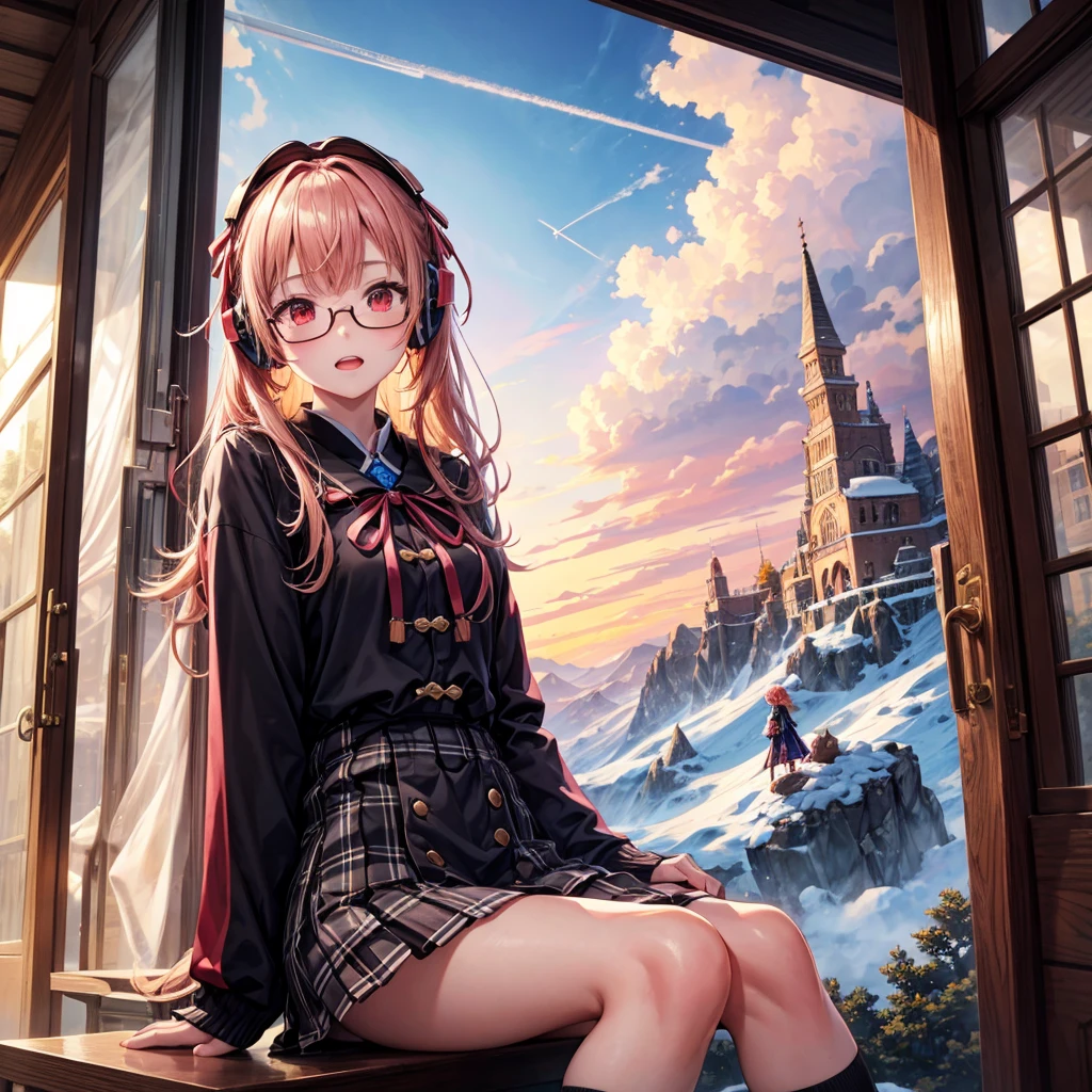 Pink gold golden hair、Red eyes、One good looking girl、solo、anime、Checkered mini skirt、The skirt has buttons、Red T-shirt、Long sleeve、China、Cape、Black knee-high socks、Wearing headphones、Wearing a ribbon、Ribbon on waist、Tilting face、Teeth are visible、Sunset sky、The rocks are exploding、Snow is piled up、Rocky Mountain、The clouds are breaking through、Contrail、Glasses、Behind him is a giant world tree、Sitting、Automatic door