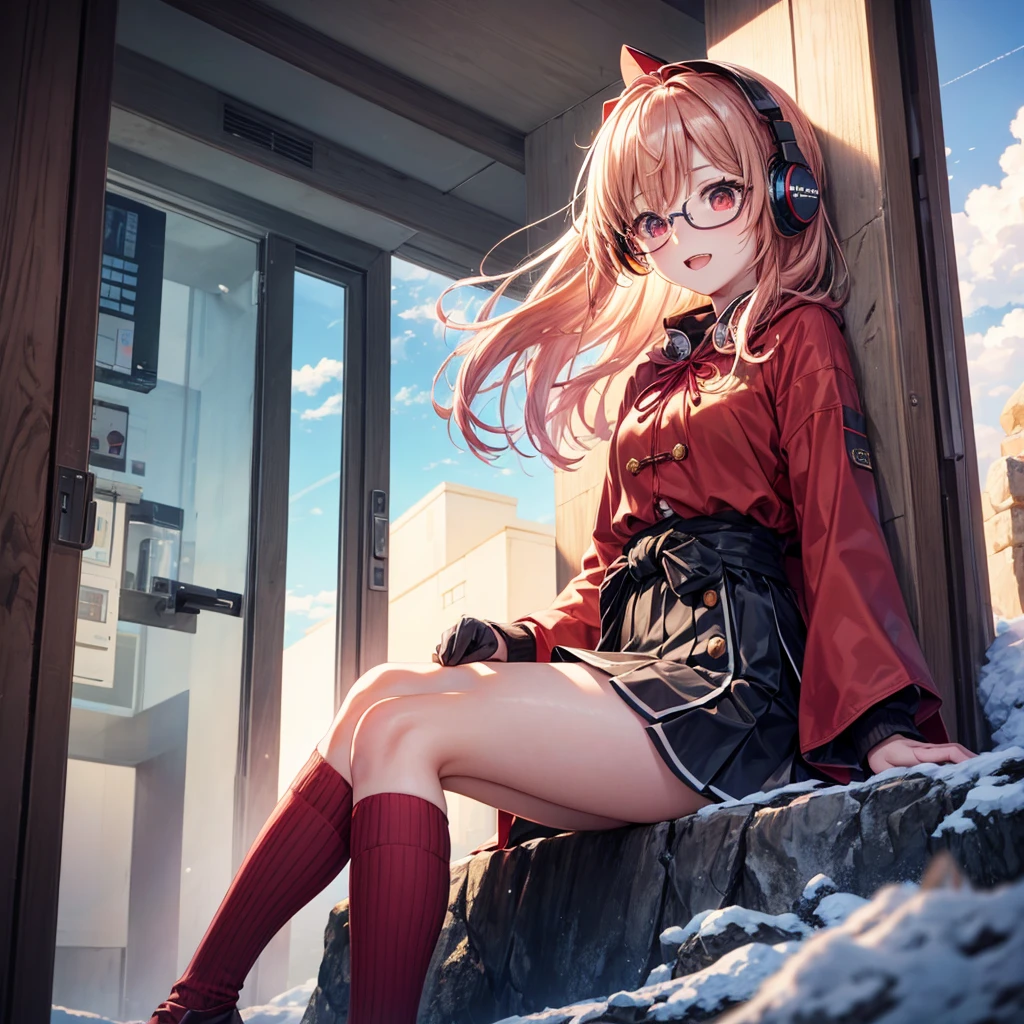 Pink gold golden hair、Red eyes、One good looking girl、solo、anime、Checkered mini skirt、The skirt has buttons、Red T-shirt、Long sleeve、China、Cape、Black knee-high socks、Wearing headphones、Wearing a ribbon、Ribbon on waist、Tilting face、Teeth are visible、Sunset sky、The rocks are exploding、Snow is piled up、Rocky Mountain、The clouds are breaking through、Contrail、Glasses、Behind him is a giant world tree、Sitting、Automatic door