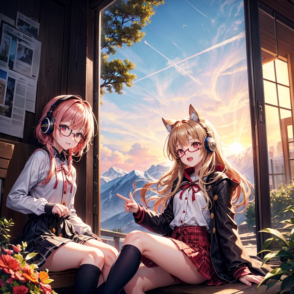 Pink gold golden hair、Red eyes、One good looking girl、solo、anime、Checkered mini skirt、The skirt has buttons、Red T-shirt、Long sleeve、China、Cape、Black knee-high socks、Wearing headphones、Wearing a ribbon、Ribbon on waist、Tilting face、Teeth are visible、Sunset sky、The rocks are exploding、Snow is piled up、Rocky Mountain、The clouds are breaking through、Contrail、Glasses、Behind him is a giant world tree、Sitting、Automatic door
