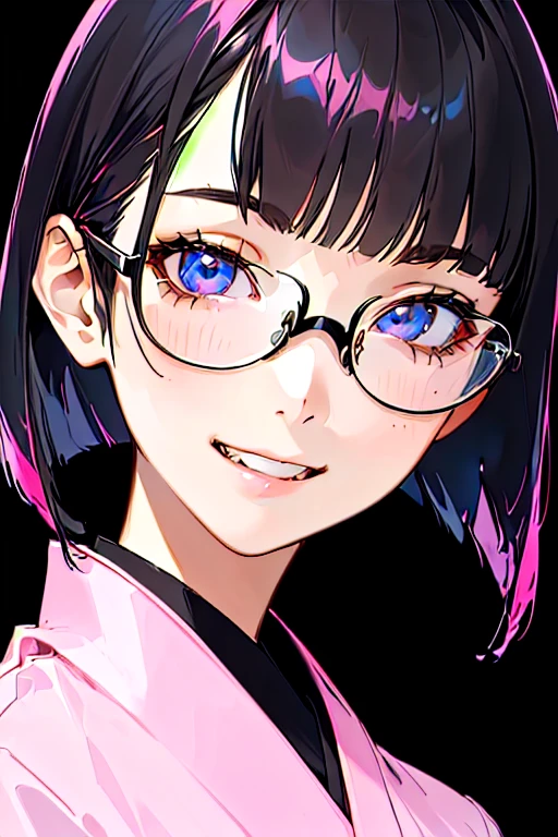 (masterpiece), (8k, best quality, high resolution), (ultra-detailed, realistic), (anatomically correct),
((face close-up)), (Standing), (No background),
(1woman), (looking at viewer),
(A Japanese woman, 30 years old and 155cm tall.),
(black hair), (straight hair), (short hair style), (bob cut), (hair behind ears),
(wear glasses), ((black cell frame glasses)),
((Wear a pink business shirt)),
(Create a detailed image of the eye),
(Her impression is pure, clean and kind.),
((A captivating smile, just showing a few teeth.)),