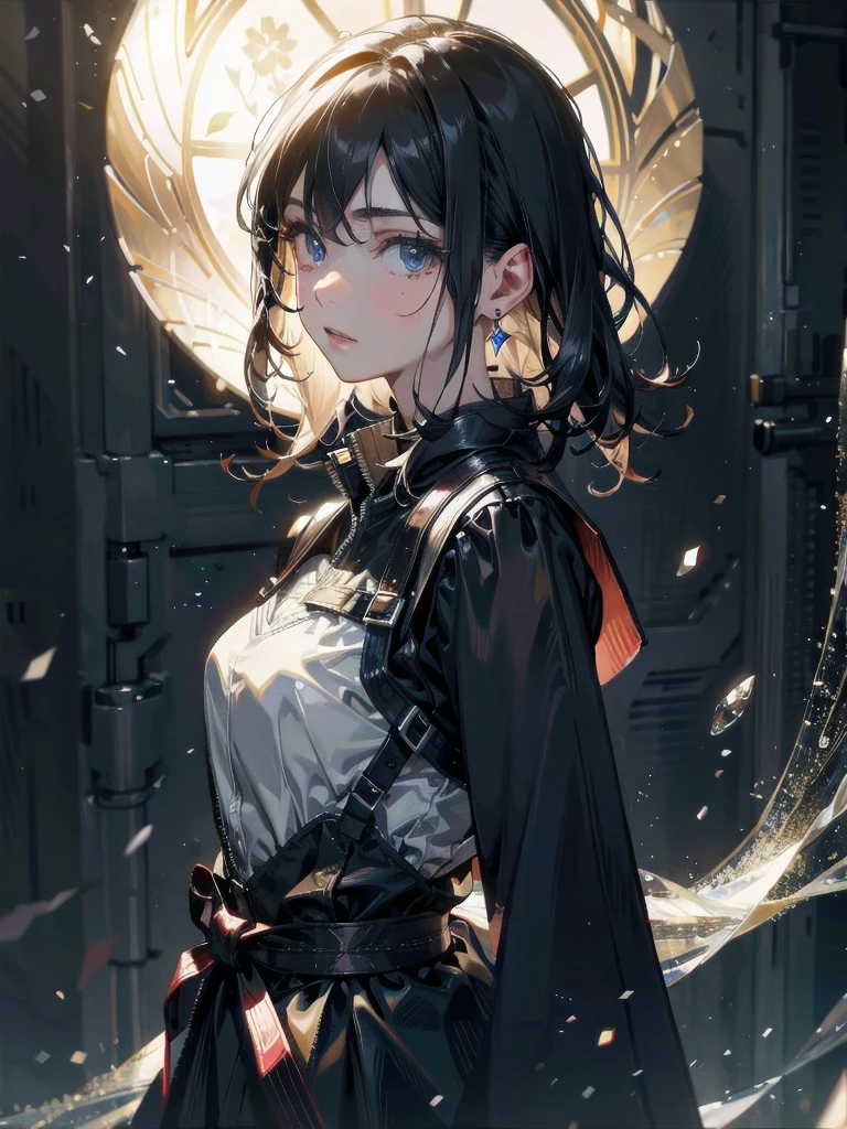 whole body, mixing potions, mysterious, rim lighting, absurdres, RAW photo, extremely delicate and beautiful, masterpiece, Best Quality, ultra high resolution, 32k, hyperrealistic, ultra-detailed, detailed description, pale skin, 20 years old, detailed beautiful face and eyes, tearful mole, earring, Colossal tits, short medium hair, wavy hair,
