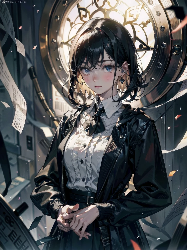 whole body, mixing potions, mysterious, rim lighting, absurdres, RAW photo, extremely delicate and beautiful, masterpiece, Best Quality, ultra high resolution, 32k, hyperrealistic, ultra-detailed, detailed description, pale skin, 20 years old, detailed beautiful face and eyes, tearful mole, earring, Colossal tits, short medium hair, wavy hair, 