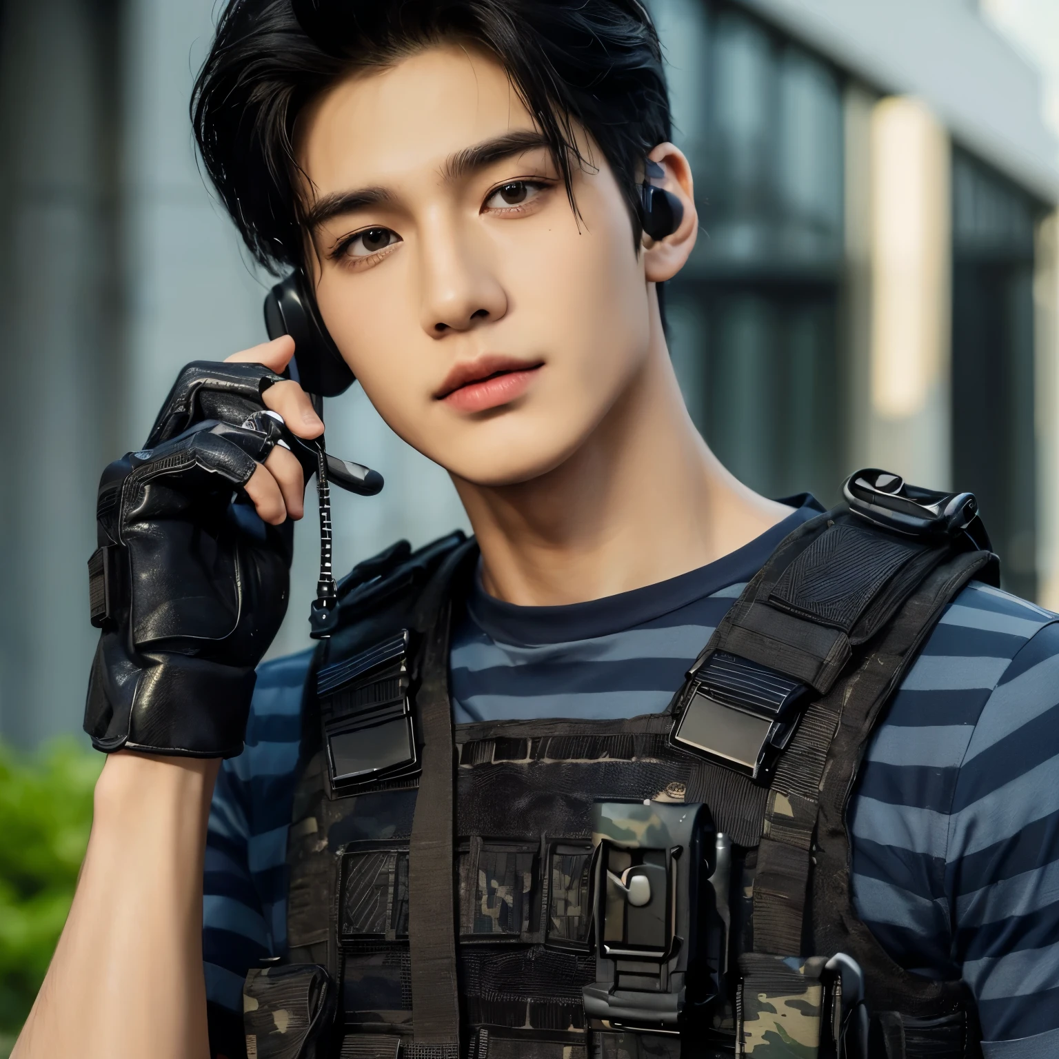 ((highest quality, 8K, masterpiece: 1.3))、a 25 year old young male soldier, close-cropped black hair, wearing navy blue camouflage clothes, wearing a bulletproof vest, wearing black gloves, looks like an Asian, dashing pose, wearing a headset over his ears, background at army headquarters, high quality, realistic, perfect body shape