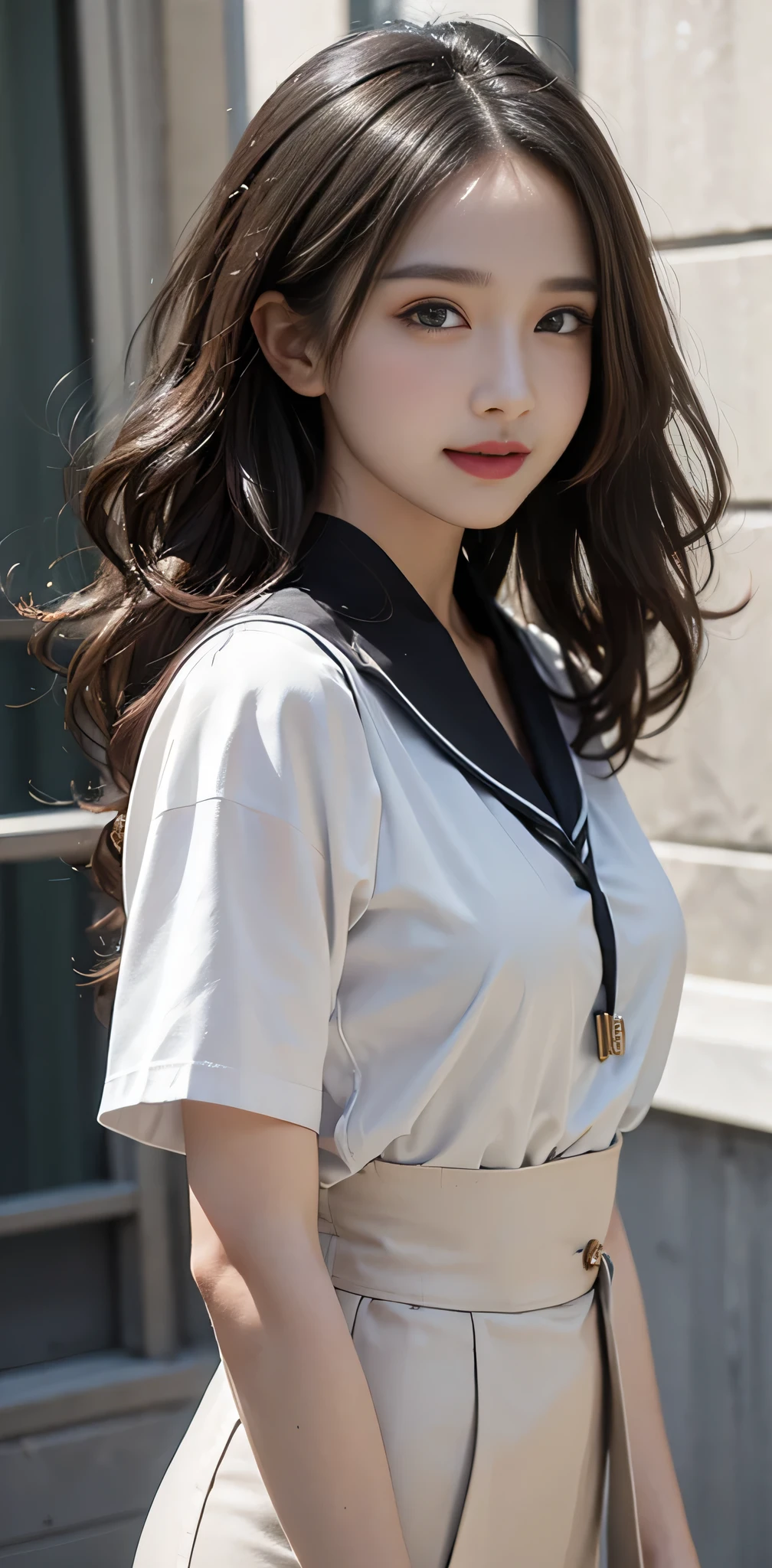 RAW photo, bokeh, (Lifelike face), smiled slightly, best quality, HDR, (photorealistic:1.55), brown and curly and messy hair, very detailed face, beautiful eyes, [chubby], adorable, full body portrait, Close-up, sharp outline, romantic, cold beauty, stylish, fashion, stylish costume, uniform, culottes, t-shirt, delicate face, brown hair fluttering in the wind, 24-year-old girl, slim figure, small bust, charisma, glamorous, standing tall.