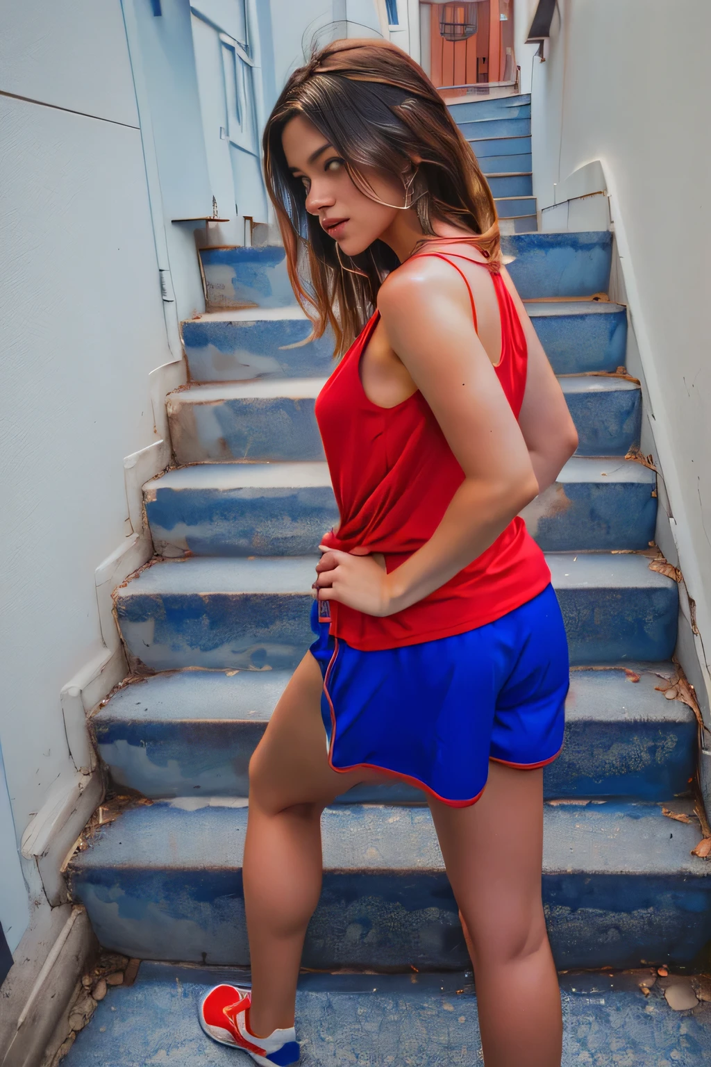 there is a woman in a red shirt and blue shorts standing on a flight of stairs, seen from the back, blue shorts and a red t-shirt, wearing a red tank top and blue shorts, photographed from the back, wearing: tank top, seen from the back, dark blue shorts and a tank top red, back photo, shades of blue and red, blue red, wearing blue shorts, masterpiece, clear photo, high quality, high resolution (ultra quality masterpiece), Ultra HD, high contrast, 16K. Masterpiece: 1.3, high resolution, (photographically realistic), , NUDISW.

16K