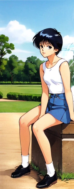 Madoka Ayukawa playing the saxophone in a park dressed in a tight mini denim skirt and a very short white sleeveless t-shirt. Elle est assise sur un rebord de fontaine.