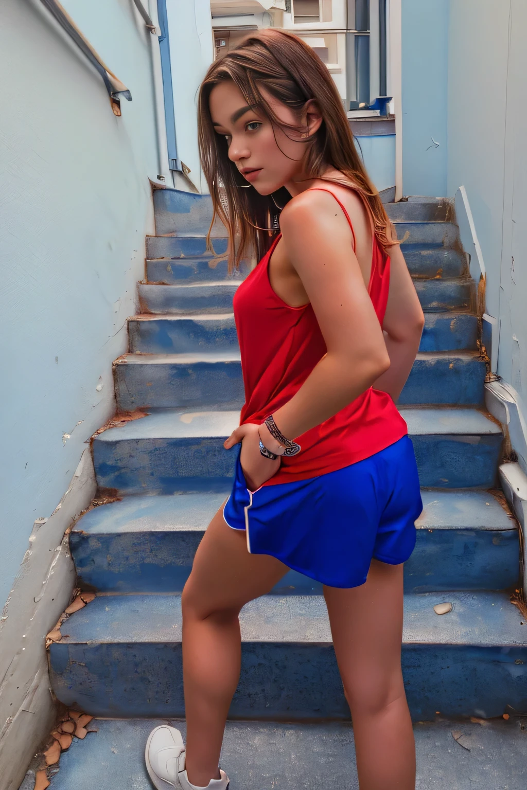 there is a woman in a red shirt and blue shorts standing on a flight of stairs, seen from the back, blue shorts and a red t-shirt, wearing a red tank top and blue shorts, photographed from the back, wearing: tank top, seen from the back, dark blue shorts and a tank top red, back photo, shades of blue and red, blue red, wearing blue shorts, masterpiece, clear photo, high quality, high resolution (ultra quality masterpiece), Ultra HD, high contrast, 16K. Masterpiece: 1.3, high resolution, (photographically realistic), NUDE, NUDITY, NFSW.

16K