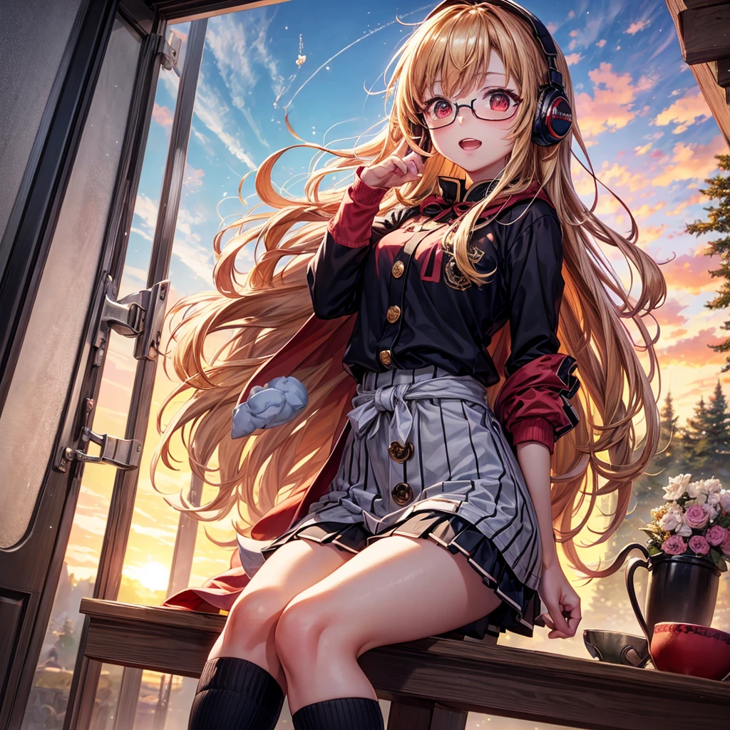 Pink gold golden hair、Red eyes、One good looking girl、solo、anime、Checkered mini skirt、The skirt has buttons、Red T-shirt、Long sleeve、China、Cape、Black knee-high socks、Wearing headphones、Wearing a ribbon、Ribbon on waist、Tilting face、Teeth are visible、Sunset sky、The rocks are exploding、Snow is piled up、Rocky Mountain、The clouds are breaking through、Contrail、Glasses、Behind him is a giant world tree、Sitting、Automatic door、Burning Teacup