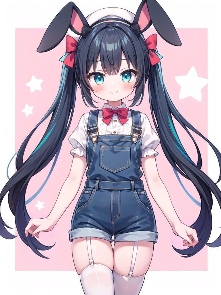 1girl, best quality, perfect hands, black rabbit ears, long rabbit ears, rabbit girl, smile, black hair, cyan streaked hair, cyan colored inner hair, black to cyan gradient hair, very long hair, twintails, red hair bow, cyan eyes, white shirt, overalls, blue shorts, puffy short sleeves, white beret, blush, hair ornament, white thighhighs, white garter straps, white beret