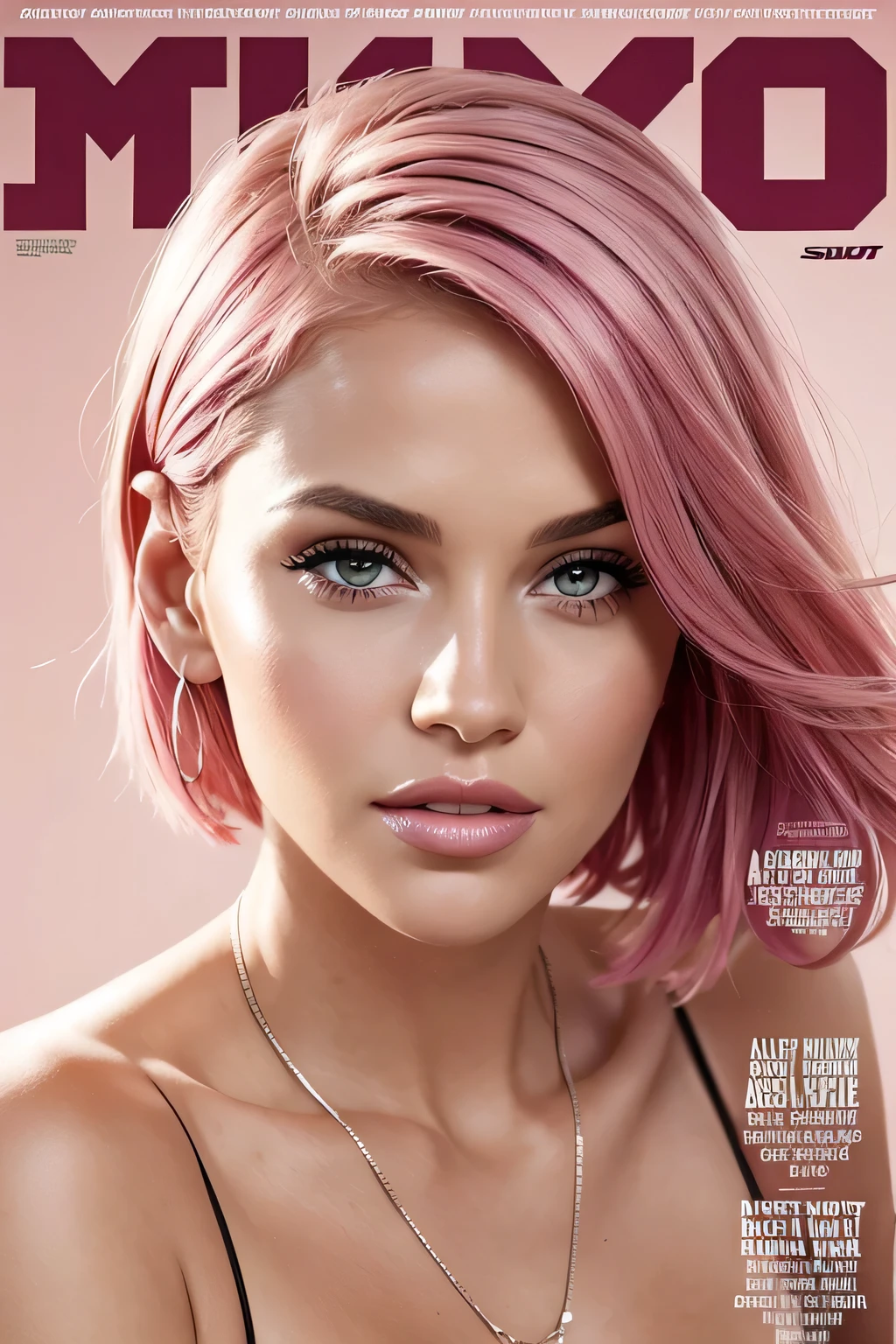 a close up of a woman wit short pink hair dixie cut on a magazine cover with a skirt, maxim cover, maxim magazine, maxim cover : :, maxim magazine cover, cover shot, stunning cover magazine, magazine cover, award - winning magazine cover, fashion magazine cover, cover magazine, on the cover of a magazine, cover girl, torn cosmo magazine style, cover. photo : david roemer