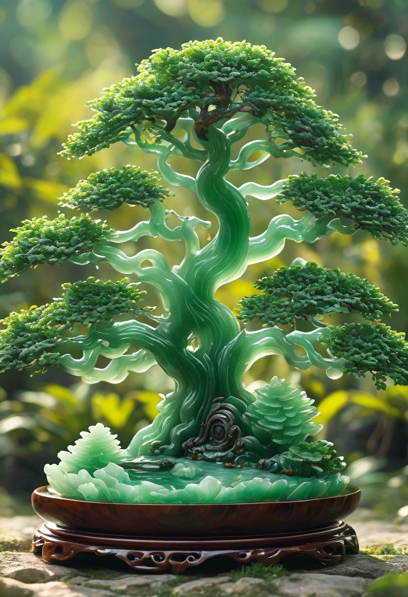 best quality, very good, 16K, ridiculous, Extremely detailed, Gorgeous big tree,Monk,Made of translucent jadeite, Background grassland((A masterpiece full of fantasy elements))), ((best quality)), ((Intricate details))(8k)