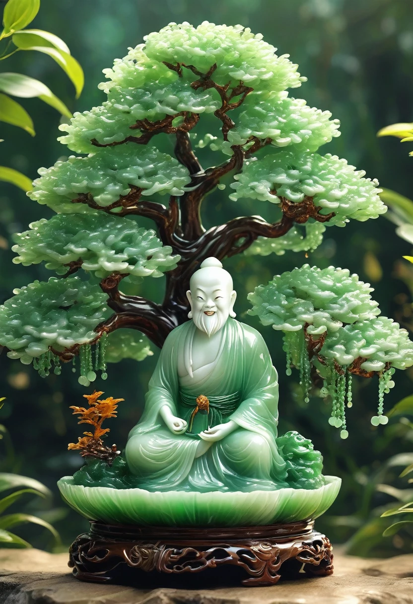 best quality, very good, 16K, ridiculous, Extremely detailed, Gorgeous big tree，Monk，Made of translucent jadeite, Background grassland（（A masterpiece full of fantasy elements）））， （（best quality））， （（Intricate details））（8k）