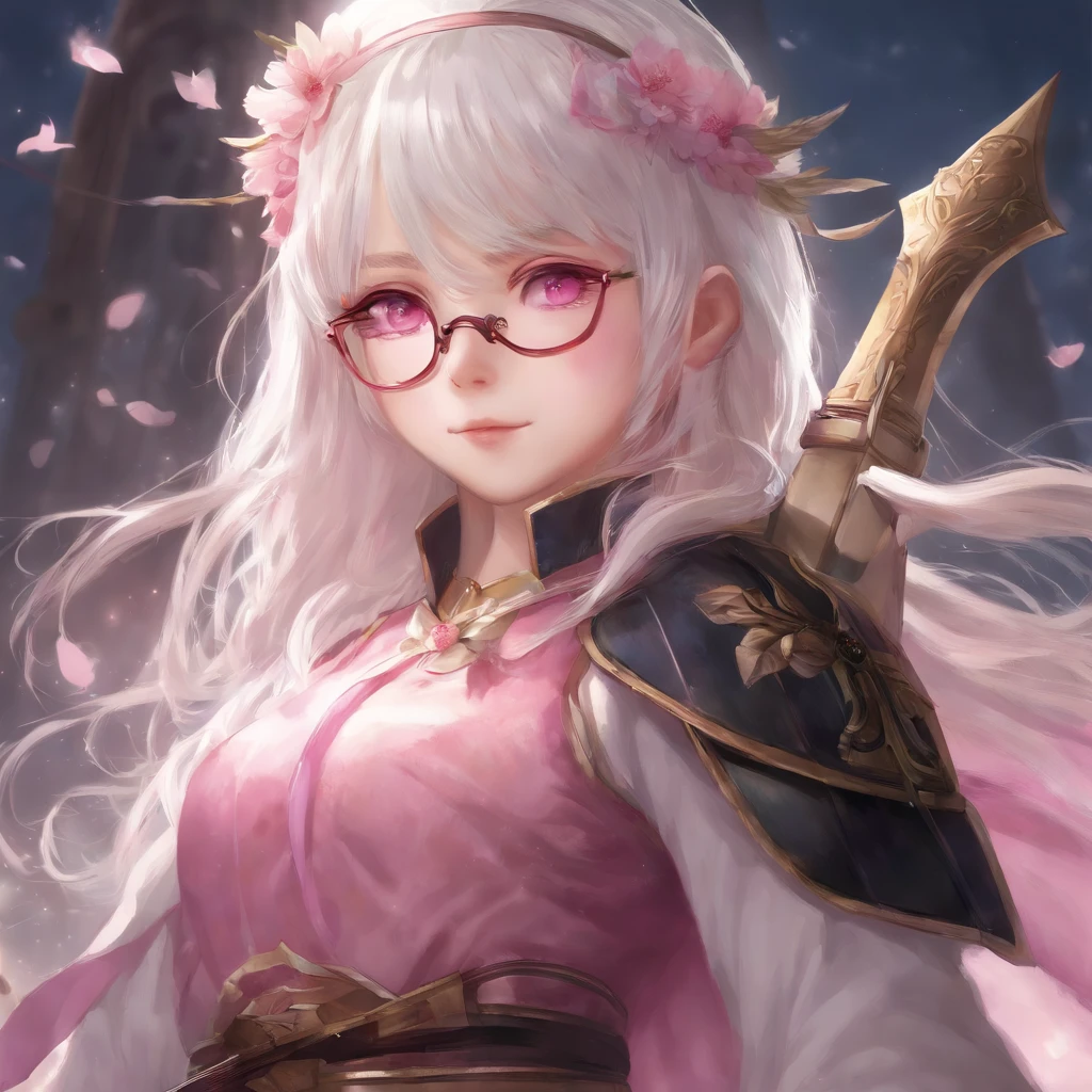 5′ 11″ height, girl with glasses and a white hair, pink eyes, who wears pink and holds an sword in the shape of a crucifix, just her head and shoulders, with color palette, a spike headband, watercolor anime