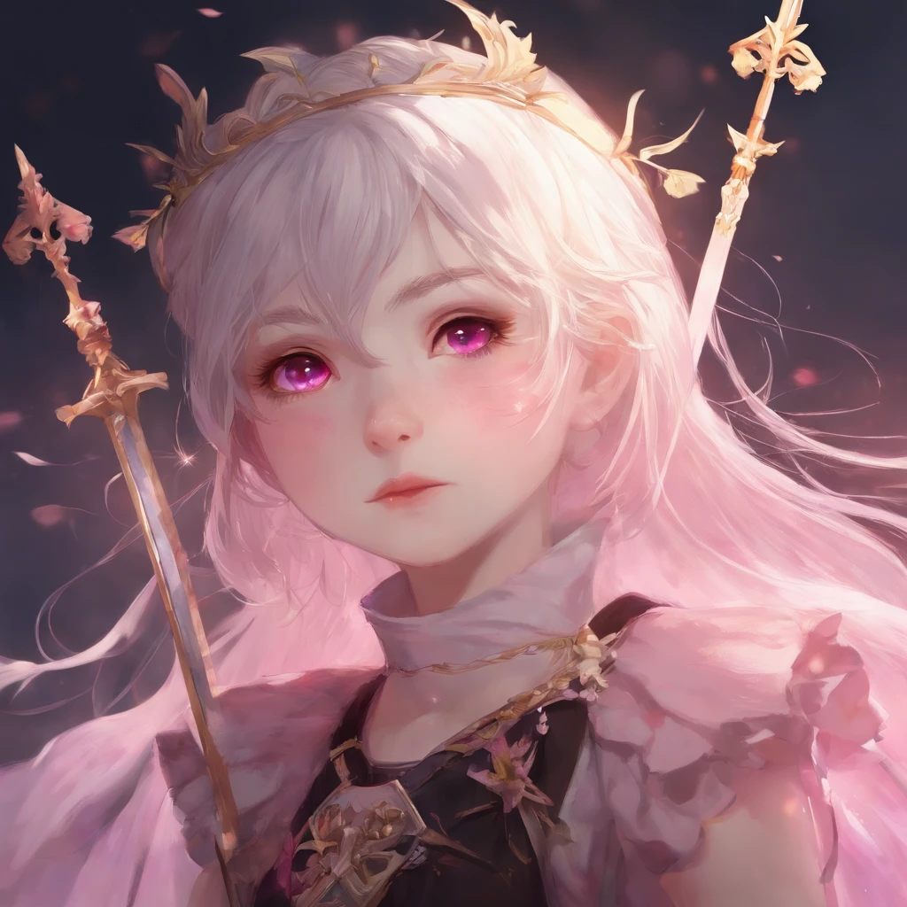5′ 11″ height, 12 years old girl with glasses and a white hair, pink eyes, who wears pink and holds an sword in the shape of a crucifix, just her head and shoulders, with color palette, a spike headband, watercolor anime