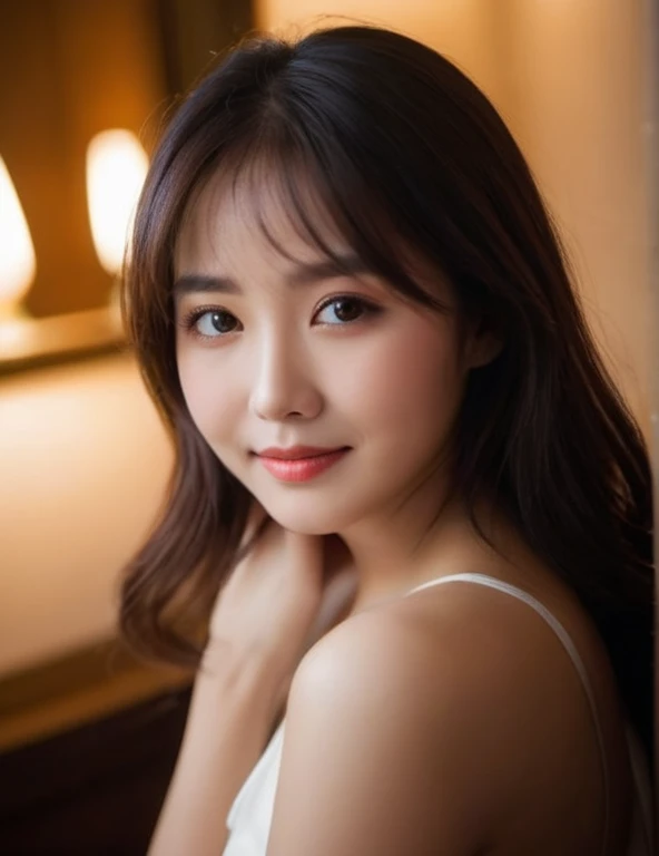 Japanese women, 
(Dark brown eyes, pupil, Beautiful eye details, Light in your eyes:1.2), (Rough skin:1.4),(Uneven skin tone:1.6),(Old-fashioned smile),
(Professional Lighting), Luxurious indirect lighting,
In the luxury lounge,