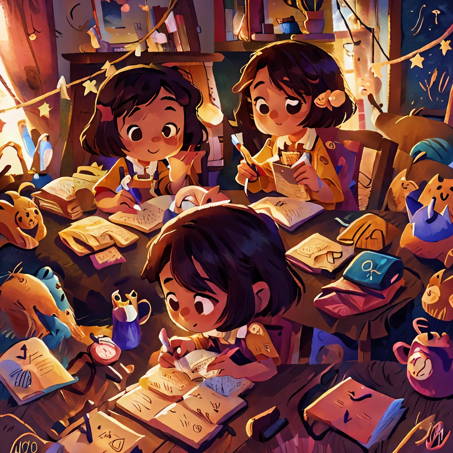 Girl writing a letter in dim lit room 