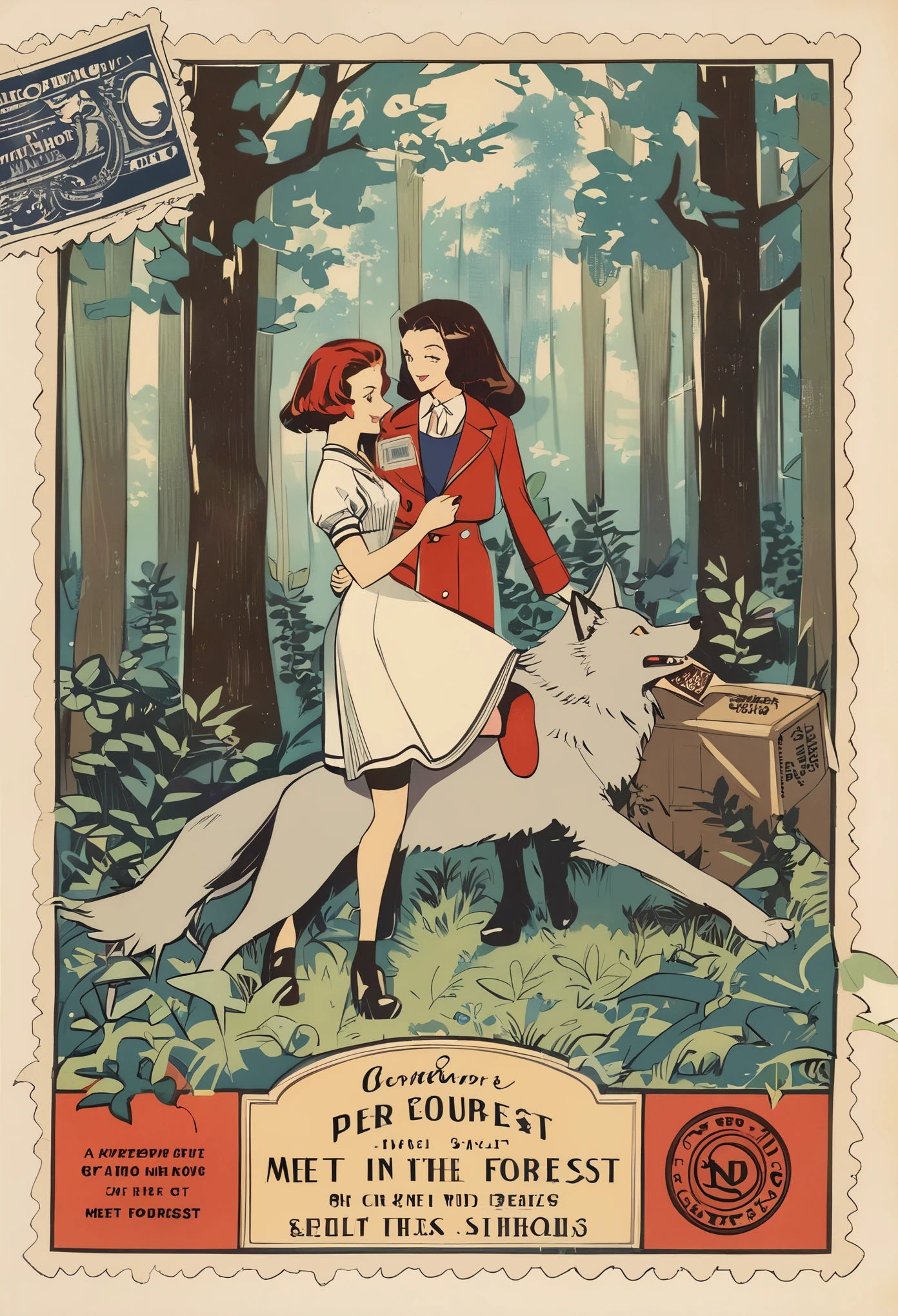 ephemera, label, retro, Vintage, stamp, A girl and a wolf meet in the forest,