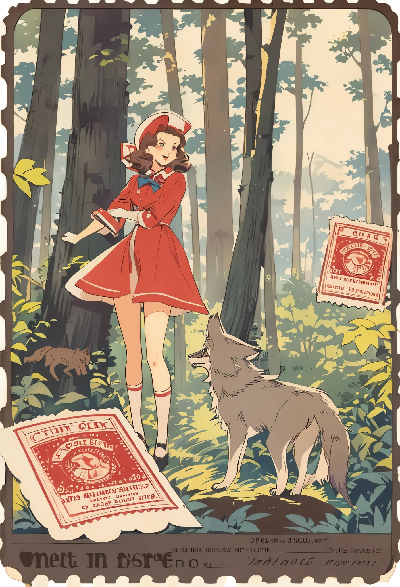 ephemera, label, retro, Vintage, stamp, A girl and a wolf meet in the forest,