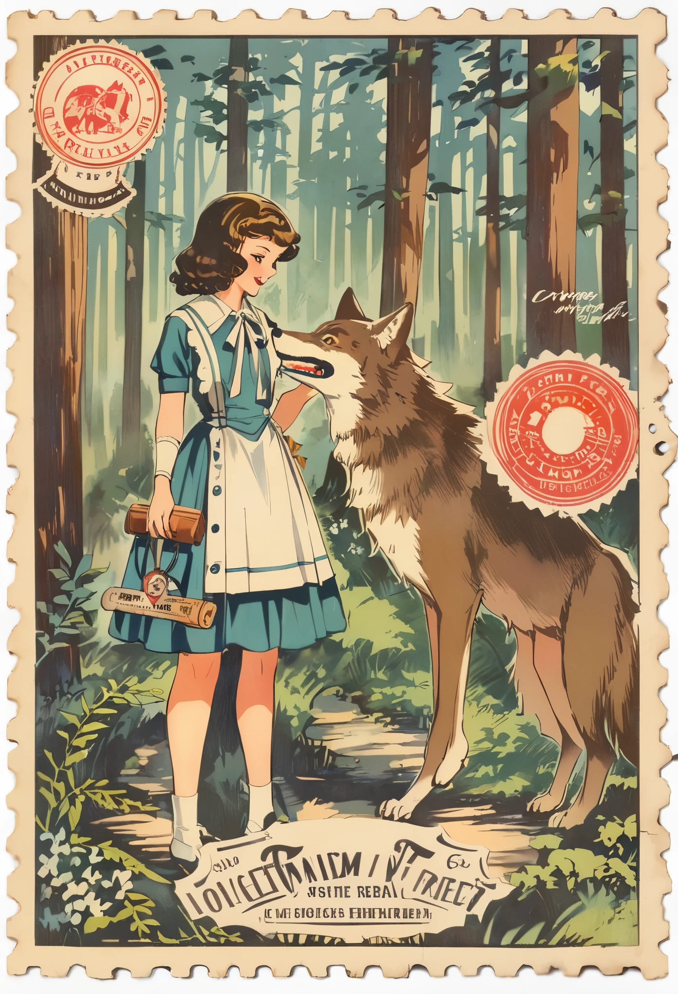 ephemera, label, retro, Vintage, stamp, A girl and a wolf meet in the forest,