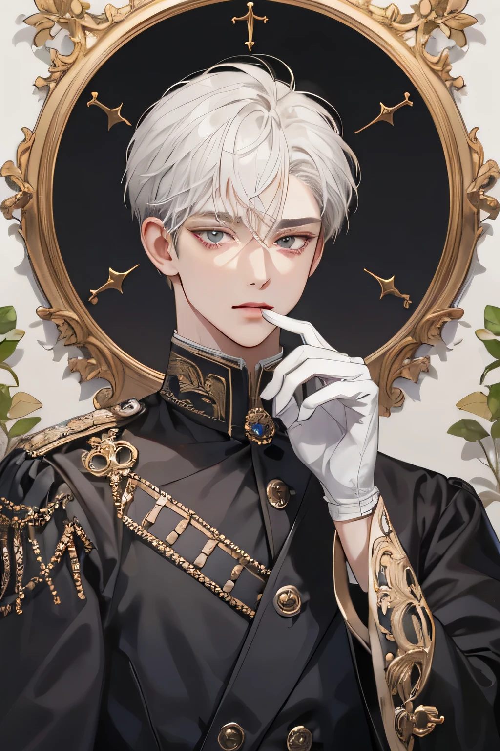 Prince, old Man, male, 1boy, manly, shine, depicting Equal eyes, golden eyes (A Male god) Look at camera, depicting delicate facial features, white gold uniform victorian, white gloves, gothic style, ribbon, silver white short hair, extreme detail, delicate depiction, black eyes, royal, elegant, noble, royal dress, black eyes, black eyes, perfect eyes