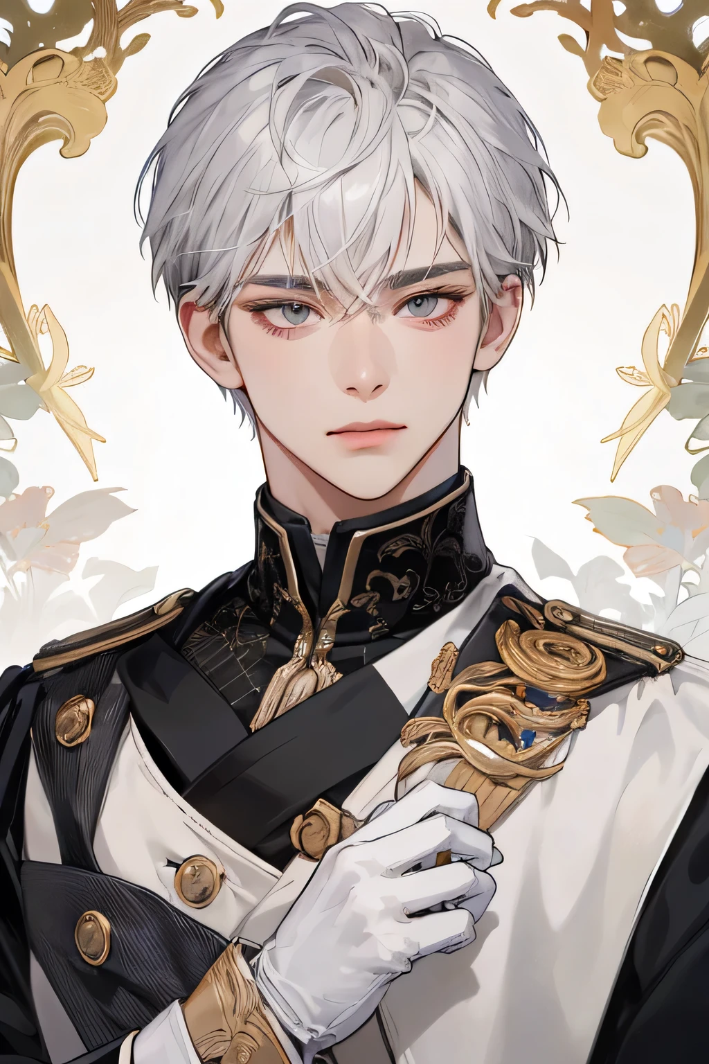 Prince, old Man, male, 1boy, manly, shine, depicting Equal eyes, golden eyes (A Male god) Look at camera, depicting delicate facial features, white gold uniform victorian, white gloves, gothic style, ribbon, silver white short hair, extreme detail, delicate depiction, black eyes, royal, elegant, noble, royal dress, black eyes, black eyes, perfect eyes