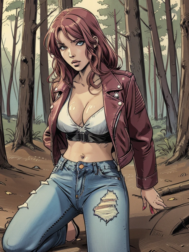 vector image, 2d cartoon,masterpiece, anime woman,gloomy orgasm, colored blush hair,jeans, leather biker jacket, blouse, horny touch herself between jeans, provocative pose, forest, crop-top, pulls down on knees,