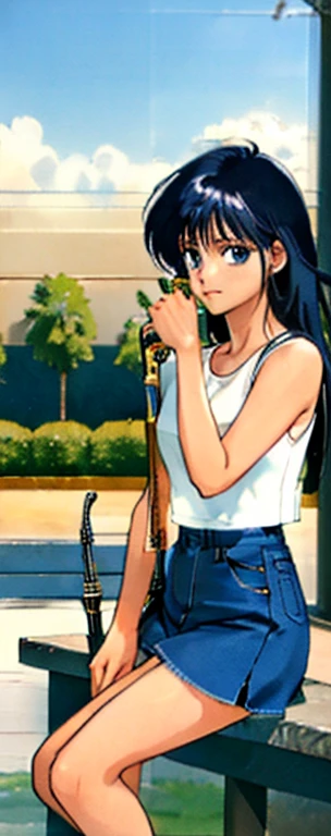 Madoka Ayukawa playing the saxophone in a park dressed in a tight mini denim skirt and a very short white sleeveless t-shirt. Elle est assise sur un rebord de fontaine.
