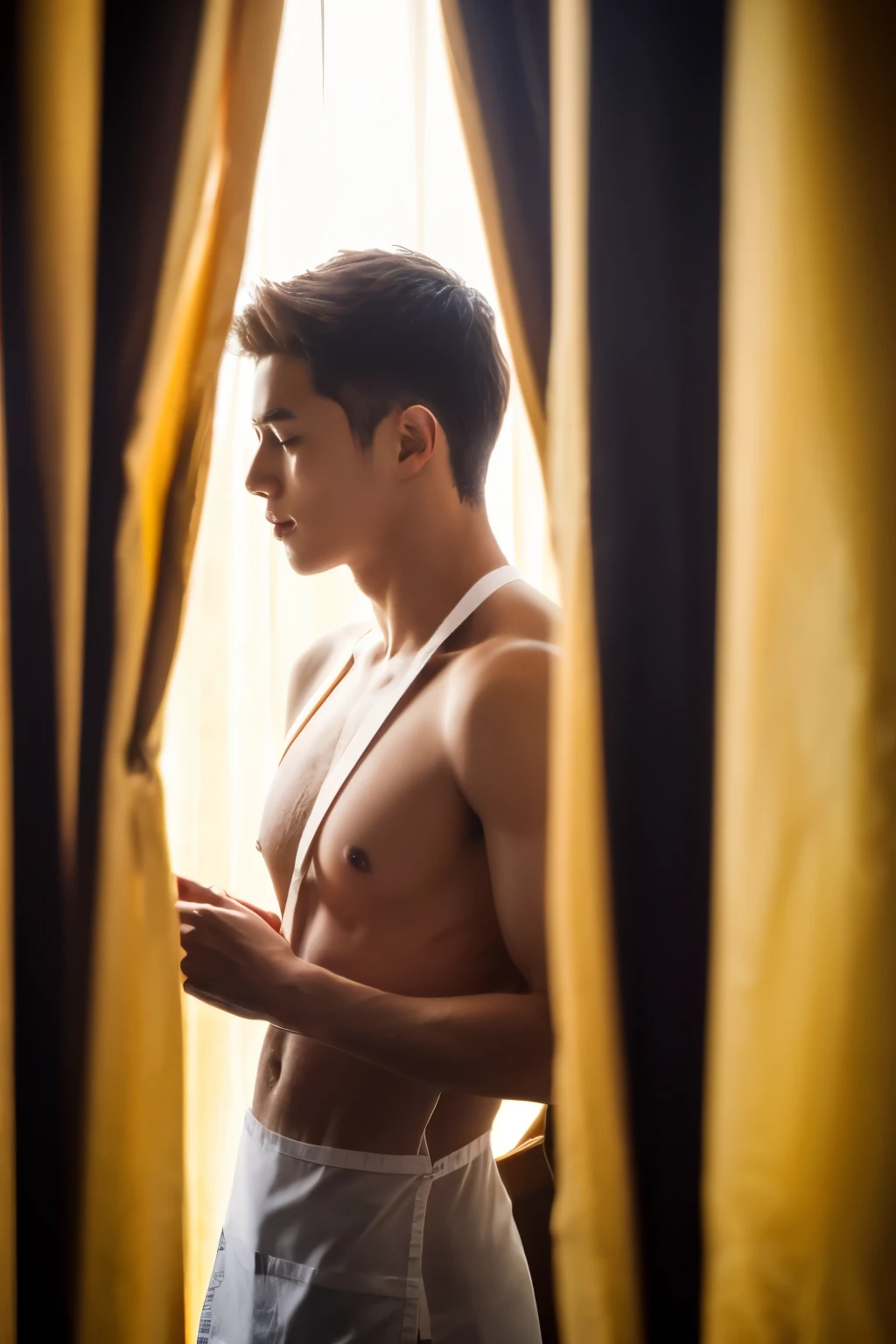 20-year-old boy,in a naked apron, Shirtless., It has a large wingspan., Smooth skin, standing behind the curtain,With abdomen, university students, Different grinding caps, rough breath, Light brown hair, messy hair, present, Eye-level images, HyperHD, Realistic visuals