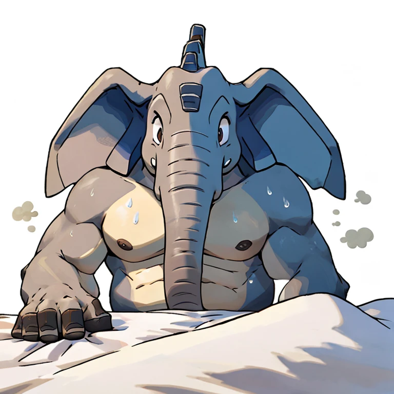 (elephant,clothing),Off-white fur,male,strong,Common,full-body shot, Pushed onto the bed,Shy expression,湿clothing,Sweat,Shortness of breath,Sweat a lot,极其lifelike阴影,masterpiece,Very detailed,lifelike