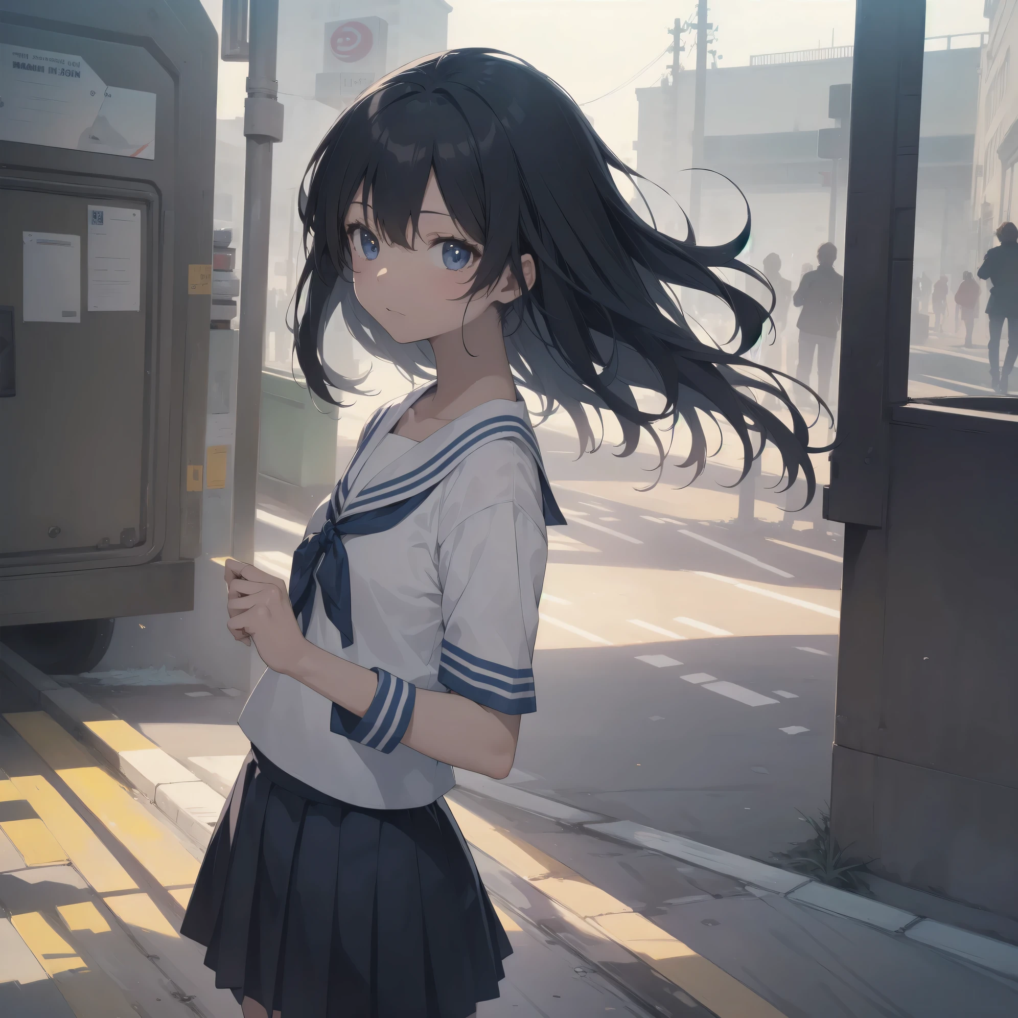 ultra-absurdres-Top quality by artist God, ultra-detailed, high resolution, anime moe artstyle, best anime 8k konachan wallpaper, pixiv contest winner, pool:2810, perfect anatomy,break, 1girl, (Please draw a girl walking sleepily to school alone. )break,(Solo,little female, 13-year-old:1.3),Full limbs, complete fingers,a junior high school student, (very short hair), short cut, flat chest, , small butt, small black eyes, beautiful detailed eyes, well-proportioned iris and pupils, expressive eyes, highres detailed hair, soft expression, salor school_uniform, sailor collar, serahuku, bow, pleated skirt,(Detailed Lighting), (Detailed background), in the School commute route. break,super detailed skin, Best cinematic lighting powered by famous artist, 8k,beauty illustration,photoshop_(medium),very aesthetic,break,((artist:carnelian )), artist:akinashi yuu ,artist:oyari ashito ,artist:kantoku ,