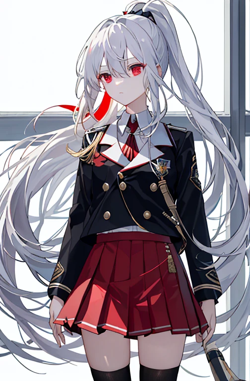 (masterpiece、Top quality、Implications、Very high quality、High level of image quality、Extremely sensitive writing)stood in a lab，Girl with long white hair、Dumb expression、Hair blowing in the wind、Uniforms、Red eyes、Pleated Skirt、Black trousers、High Ponytail
