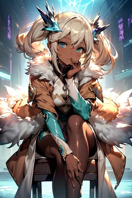 Iooiklas,Platinum Blonde Hair,Twin tails, hair ornaments, White Dress, Black knee socks, 
Removable sleeves,Complex eyes,Beautiful fine details,Symmetrical eyes,Big eyes:1.5,Seductive eyes, 
(((dark skin,dark_skin,lustrous skin:1.5,bright skin: 1.5,
skin tanned,shiny skin,very shiny skin,Shiny body,plastic glitter 
skin,exaggerated shiny skin,illuminated skin))),
(,Detailed body,(Detailed face)), cute,Lewd,erotic,Bold,Camel toe revealing outfit,show skin,(((Sexy aqua fur coat, Aqua fur coat outfit,
 wearing a Ice Dress:1.3,aqua 冬 coat))), ((Ice Dress,elegant Ice Dress)),
(White gloves,White clothes,(((Complex outfit,Complicated clothes,Embroidered costume,Glamorous costumes,Embroidered clothes,
Glamorous clothing))),skinsuit, Bodysuits, pantyhose,
High resolution,Sharp focus,(Super detailed,Very detailed),(Very detailed CG unity 8k wallpaper),
(((Vibrant colors))),Shy laugh,Open your mouth,Put one foot on the chair,Are standing,from side,

