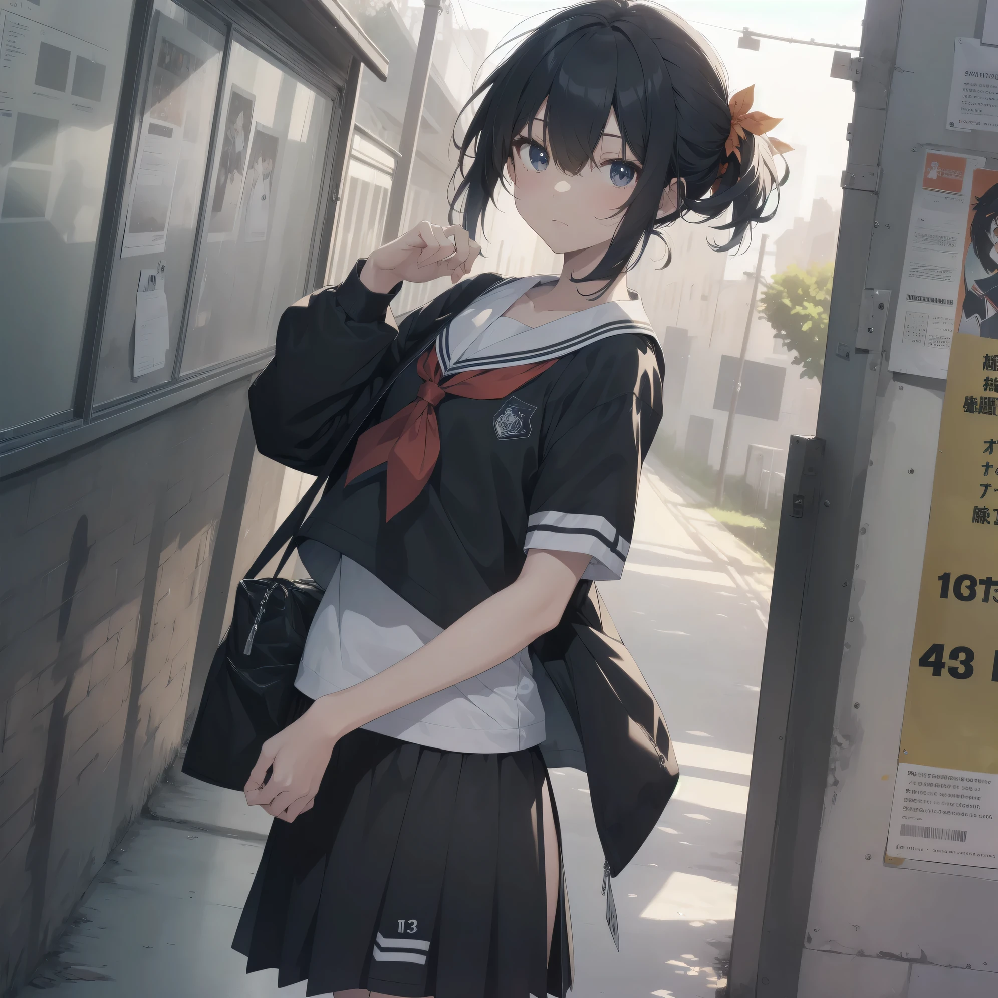 ultra-absurdres-Top quality by artist God, ultra-detailed, high resolution, anime moe artstyle, best anime 8k konachan wallpaper, pixiv contest winner, pool:2810, perfect anatomy,break, 1girl, (Please draw a girl walking sleepily to school alone. )break,(Solo,little female, 13-year-old:1.3),Full limbs, complete fingers,a junior high school student, (very short hair), short cut, flat chest, , small butt, small black eyes, beautiful detailed eyes, well-proportioned iris and pupils, expressive eyes, highres detailed hair, soft expression, salor school_uniform, sailor collar, serahuku, bow, pleated skirt,(Detailed Lighting), (Detailed background), in the School commute route. break,super detailed skin, Best cinematic lighting powered by famous artist, 8k,beauty illustration,photoshop_(medium),very aesthetic,break,((artist:carnelian )), artist:akinashi yuu ,artist:oyari ashito ,artist:kantoku ,
