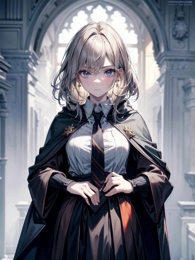 whole body, hogwarts teacher, necktie, cloak, absurdres, RAW photo, extremely delicate and beautiful, masterpiece, Best Quality, ultra high resolution, 32k, hyperrealistic, ultra-detailed, detailed description, pale skin, 20 years old, detailed beautiful face and eyes, tearful mole, earring, Colossal tits, short medium hair, wavy hair,