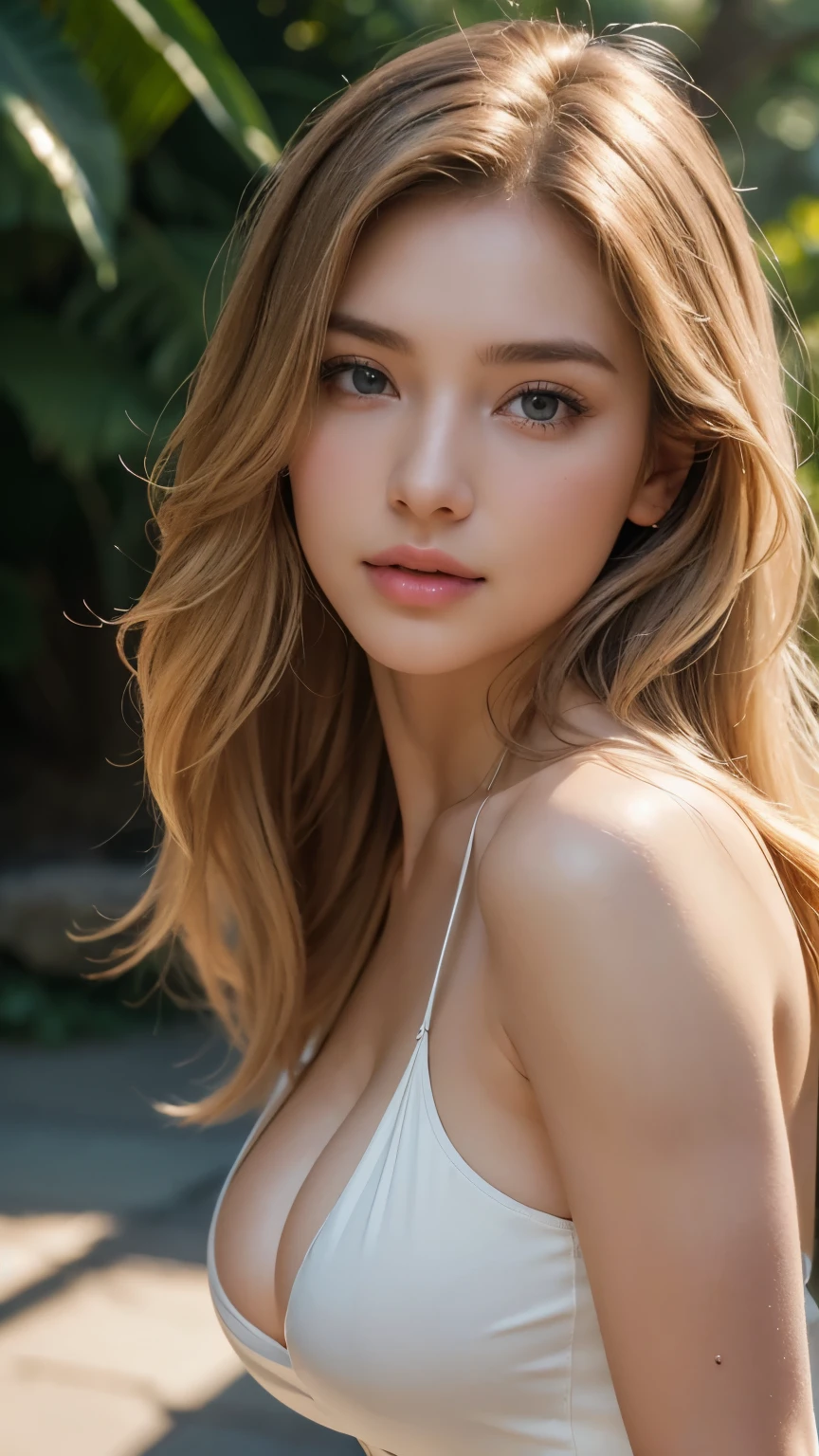Strong light, Strong contrast, In an open-roofed cave、Sunlight shines through green moss and ferns。, And open( Sea view:1.1) The bottom, Cel-shaded rendering, 4K, 360 degrees, Equirectangular projection, what, 1girl, Woman in her 30s、A beautiful woman、long blonde hair、White latex leotard、White long boots、masterpiece, 最high quality, high quality, High resolution, (((Face close-up)))、(8k), (best quality), (masterpiece:1.2), (realistic), (photorealistic:1.37), ultra-detailed, 1 girl, caucasian, detailed face, (tight jean), (t-shirt), ((beautiful park in daylight background)), (stands straight), ((perfect female body, skin dentation)), mature female, milf, (8k), upper limbs,big breasts, cleavage, pose randomly,8K,very detailed, High resolution,towards the camera ( 1 single woman), 1woman, (Ultra realistic, high res), (highly detailed eyes, highly detailed hair, highly detailed face, highly detailed plump lips), (off shoulder with open breasts), breasts, full body, caute smile, gold hair, (best quality:1.4), Raw photo, (realistic, photo-realistic:1.37), professional photography, cinematic light, (fine face: 1.2),Hyperrealist portrait of female by david hockney and alphonse mucha,fantasy art, photo realistic, dynamic lighting, artstation, poster, volumetric lighting, very detailed faces, 4 k, award winning,, 1girl, low key,cowboy shot,(official clothing:1.4) ,long hair,white hair,((Top Quality, 8000, Masterpiece:1.4)), (20 year old female), ((Very Small Face:1.3)), (Glowing Skin:1.5), (Very Large Cleavage Boobs:1.6), Very Fine Face and Skin Texture, Realistic Eyes, French Female, (Blond Wavy Hair:1. 3), (Tokyo Girls Collection Dresses:1.3), smiling, model figure, body shape, cleavage, tropical beach, long thin legs Translated from DeepL.com (free version), (Masterpiece, best quality, photorealistic, highres, photography, :1.3), sharp focus, 1 brunette girl, European girl, hot model, highly detailed eyes and pupils, realistic skin, slim body shape, perfec