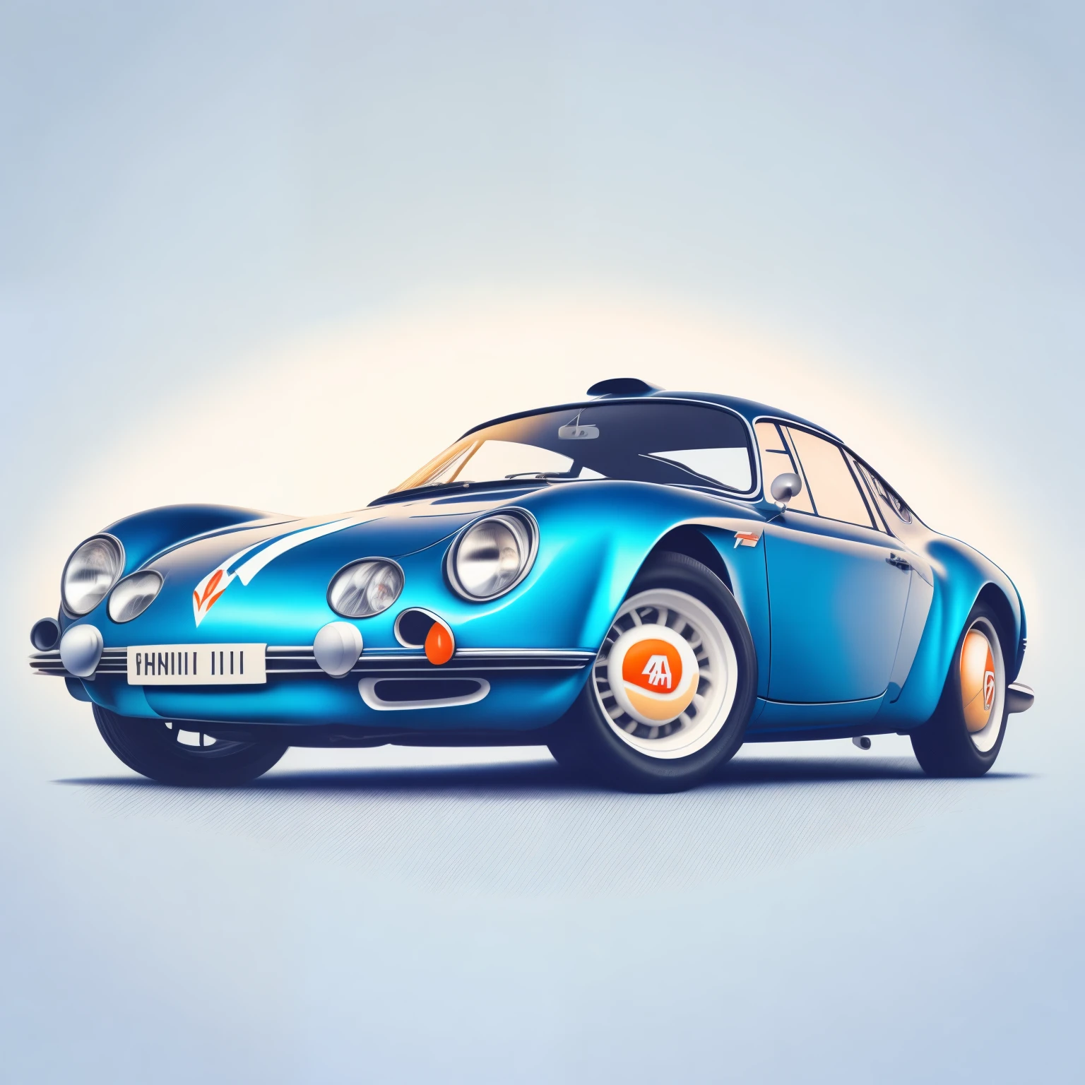 Magnifique Renault Alpine A110, Berlinette, bleue, 1968, vue de face, stylized digital illustration, very detailed digital illustration, Retro style art, detailed vector art, retro illustration, realistic, white background