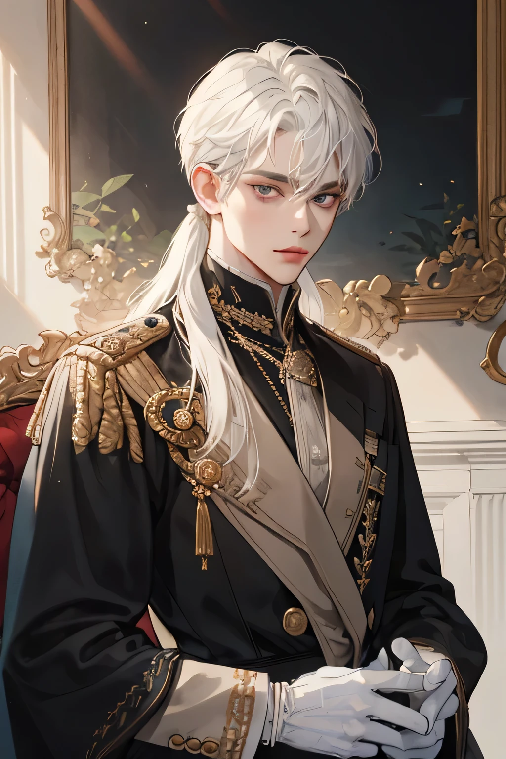 Prince, old Man, male, 1boy, manly, shine, depicting Equal eyes, golden eyes (A Male god) Look at camera, depicting delicate facial features, white gold uniform victorian, white gloves, gothic style, ribbon, white long hair, extreme detail, delicate depiction, black eyes, royal, elegant, noble, royal dress, black eyes, black eyes, perfect eyes