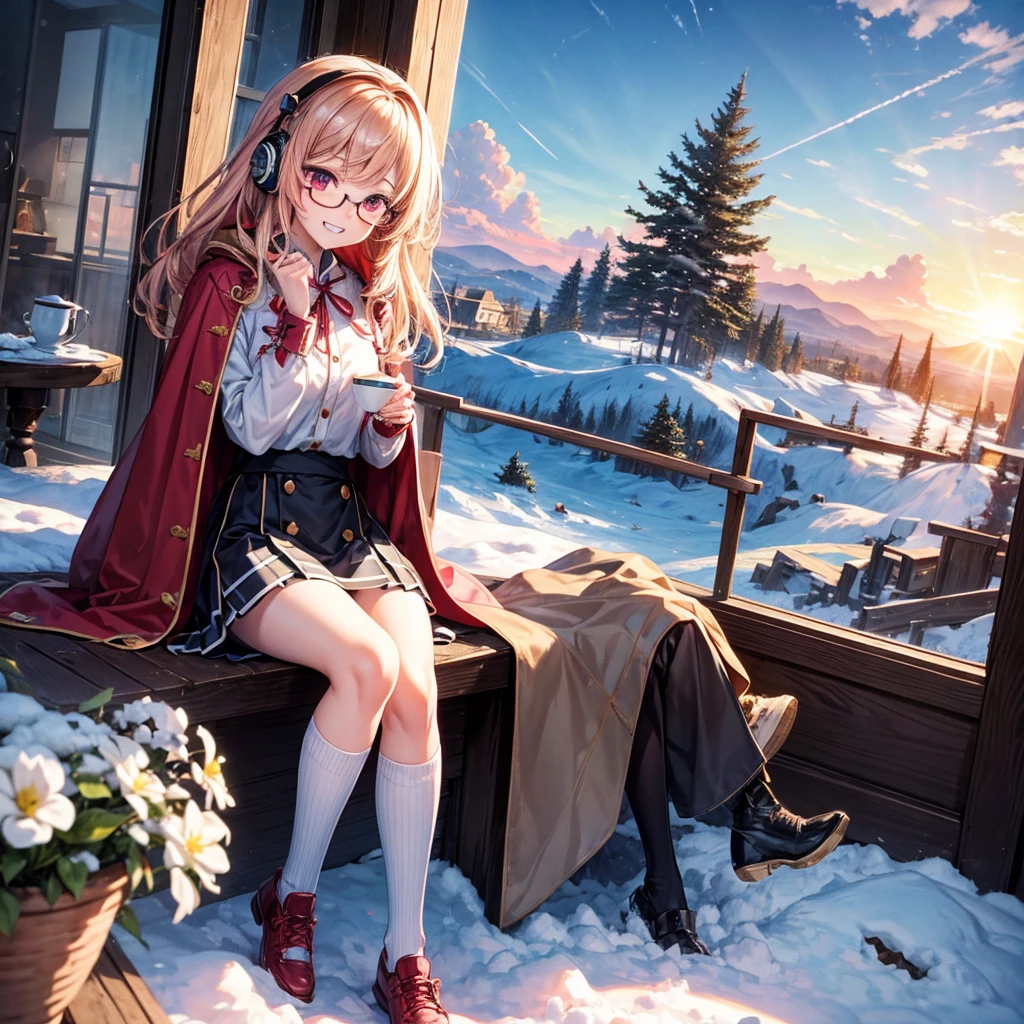 Pink gold golden hair、Red eyes、One good looking girl、solo、anime、Checkered mini skirt、The skirt has buttons、Red T-shirt、Long sleeve、China、Cape、Black knee-high socks、Wearing headphones、Wearing a ribbon、Ribbon on waist、Tilting face、Teeth are visible、Sunset sky、The rocks are exploding、Snow is piled up、Rocky Mountain、The clouds are breaking through、Contrail、Glasses、Behind him is a giant world tree、Sitting、Automatic door、Burning Teacup