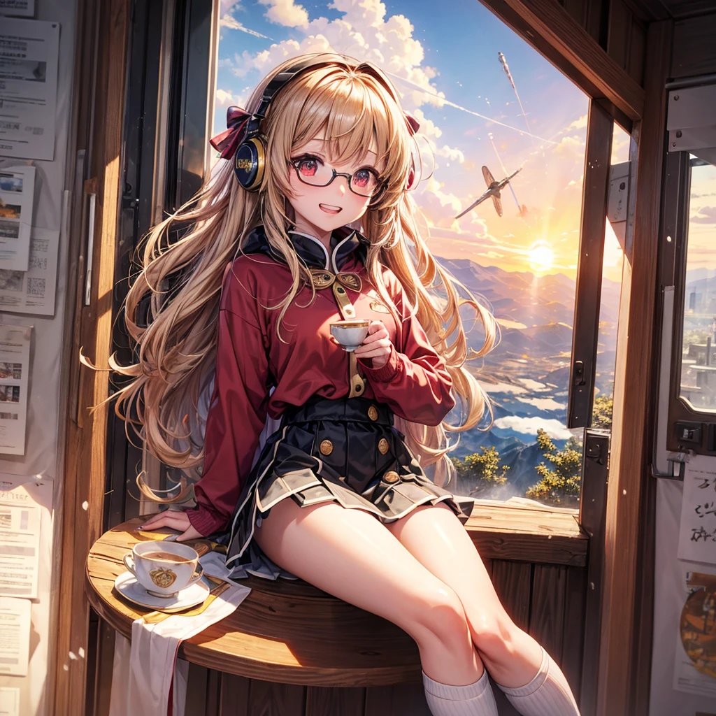 Pink gold golden hair、Red eyes、One good looking girl、solo、anime、Checkered mini skirt、The skirt has buttons、Red T-shirt、Long sleeve、China、Cape、Black knee-high socks、Wearing headphones、Wearing a ribbon、Ribbon on waist、Tilting face、Teeth are visible、Sunset sky、The rocks are exploding、Snow is piled up、Rocky Mountain、The clouds are breaking through、Contrail、Glasses、Behind him is a giant world tree、Sitting、Automatic door、Burning Teacup