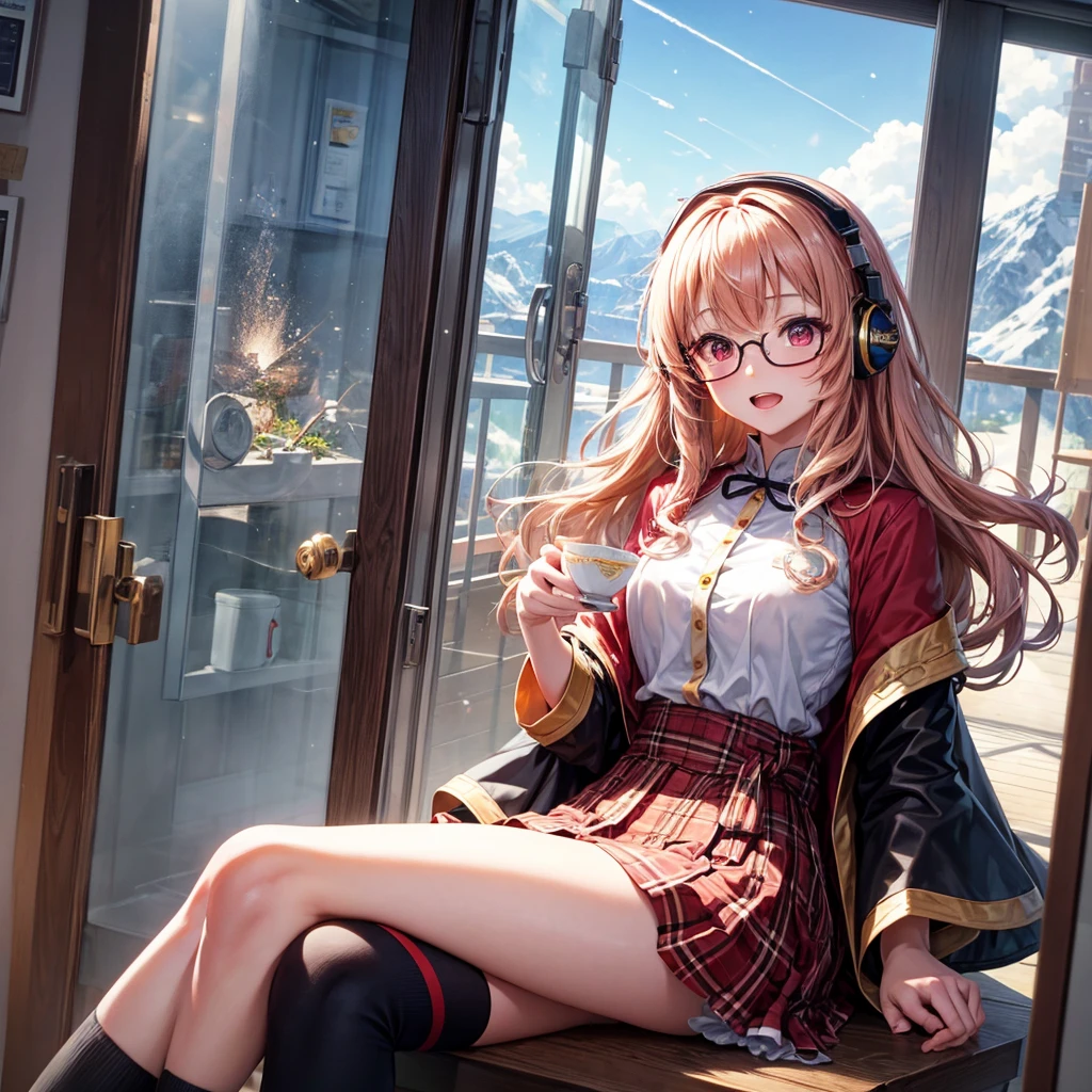 Pink gold golden hair、Red eyes、One good looking girl、solo、anime、Checkered mini skirt、The skirt has buttons、Red T-shirt、Long sleeve、China、Cape、Black knee-high socks、Wearing headphones、Wearing a ribbon、Ribbon on waist、Tilting face、Teeth are visible、Sunset sky、The rocks are exploding、Snow is piled up、Rocky Mountain、The clouds are breaking through、Contrail、Glasses、Behind him is a giant world tree、Sitting、Automatic door、Burning Teacup